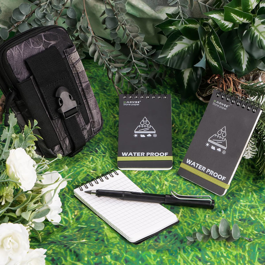 MOWEE Waterproof Notebook set of 5，3 x 5 Stone Paper Pocket Notepads，Portable All Weather Notebooks for Indoor & Field Police Notepad w/3pcs Small Spiral Note book, Pen & Storage Bag (5pcs, Black)