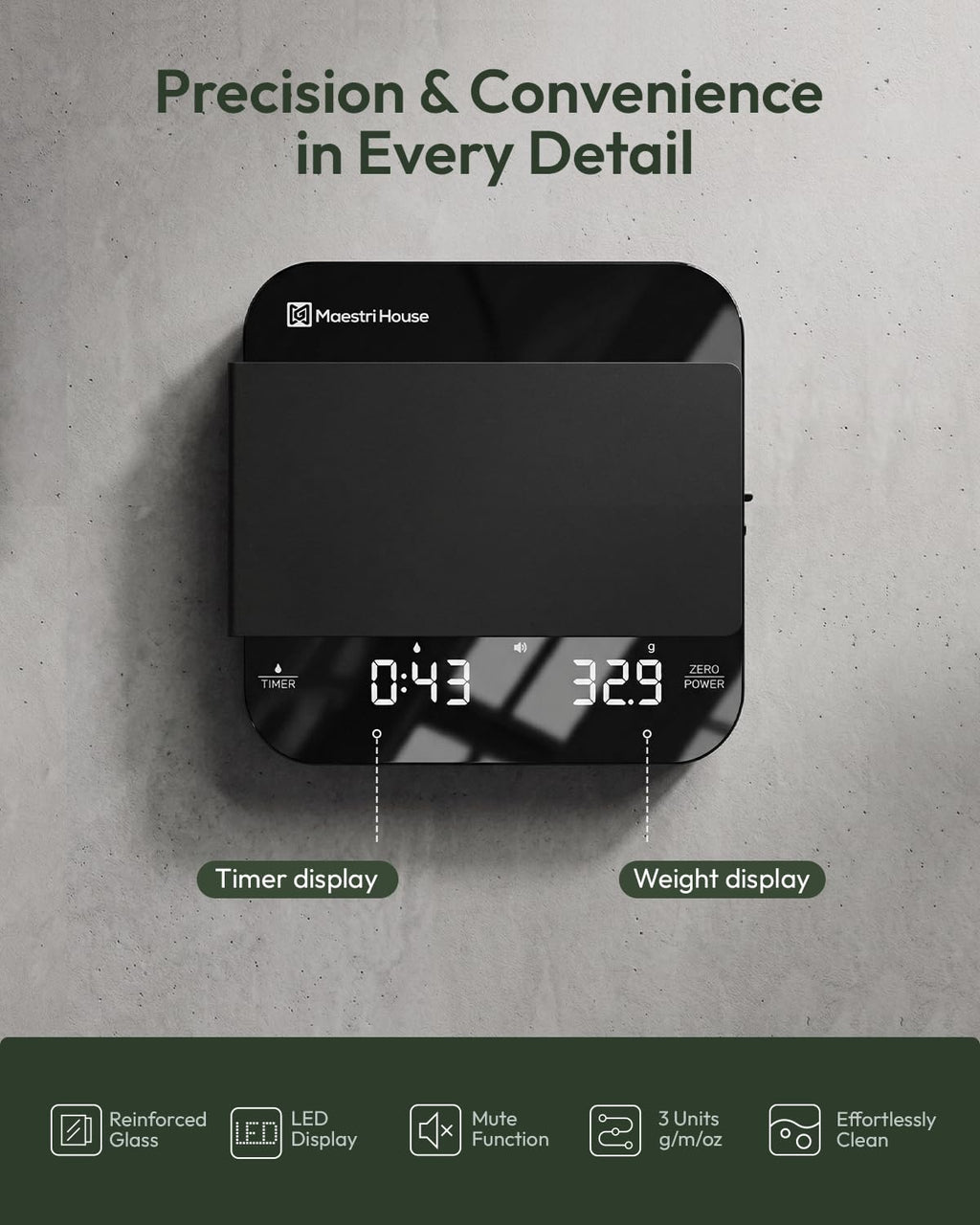 Rechargeable Mini Coffee Scale with Timer, Maestri House Espresso Scale, 2kg/0.1g Accurate Scale for Espresso and Pour-Over Coffee, Portable Digital Kitchen Scale with Automatic Timing（Black&Silver）