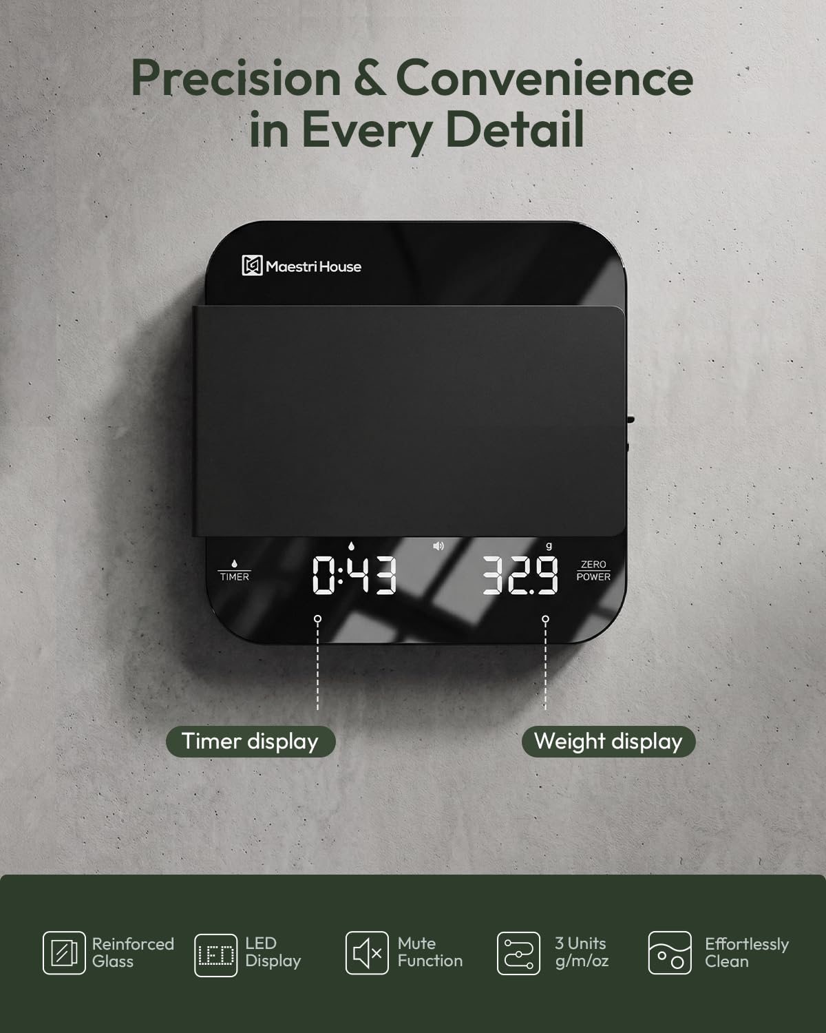 Rechargeable Mini Coffee Scale with Timer, Maestri House Espresso Scale, 2kg/0.1g Accurate Scale for Espresso and Pour-Over Coffee, Portable Digital Kitchen Scale with Automatic Timing（Black&Silver）