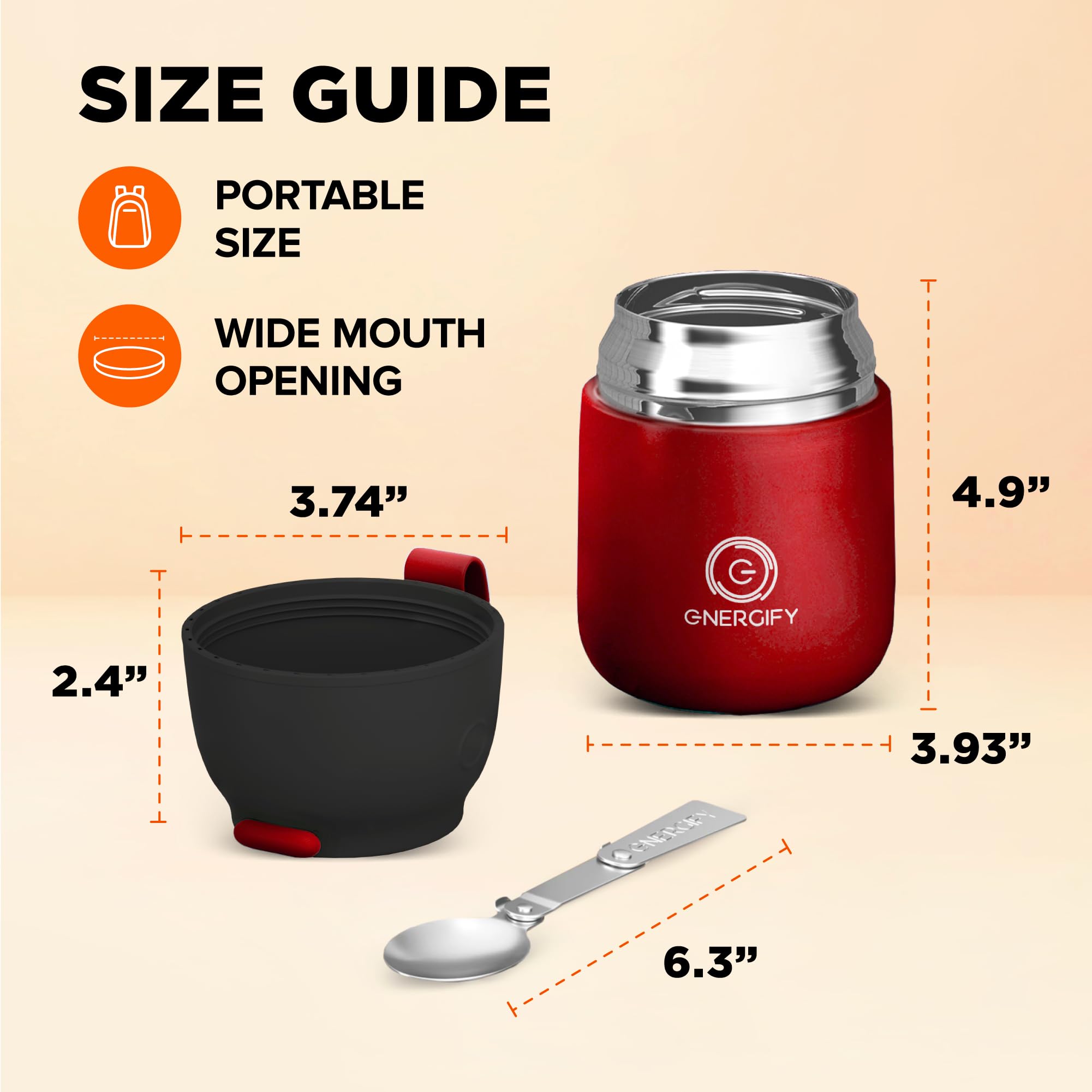 Vacuum Insulated Food Jar. Bowl incl. Folding Spoon, Cup. Wide Mouth Keep Hot & Cold Drinks Soup Lunch Container for Adults. BPA-Free Stainless Steel, Leak Proof Radiant red, 17oz