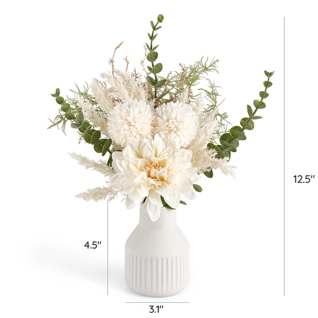 Mkono Small Artificial Flowers in Ceramic Vase 13.5" Centerpieces Coffee Table Decor, Silk Flower Arrangements for Home Decor Indoor Fake Flower Bouquet for Dining Room Kitchen Wedding, White