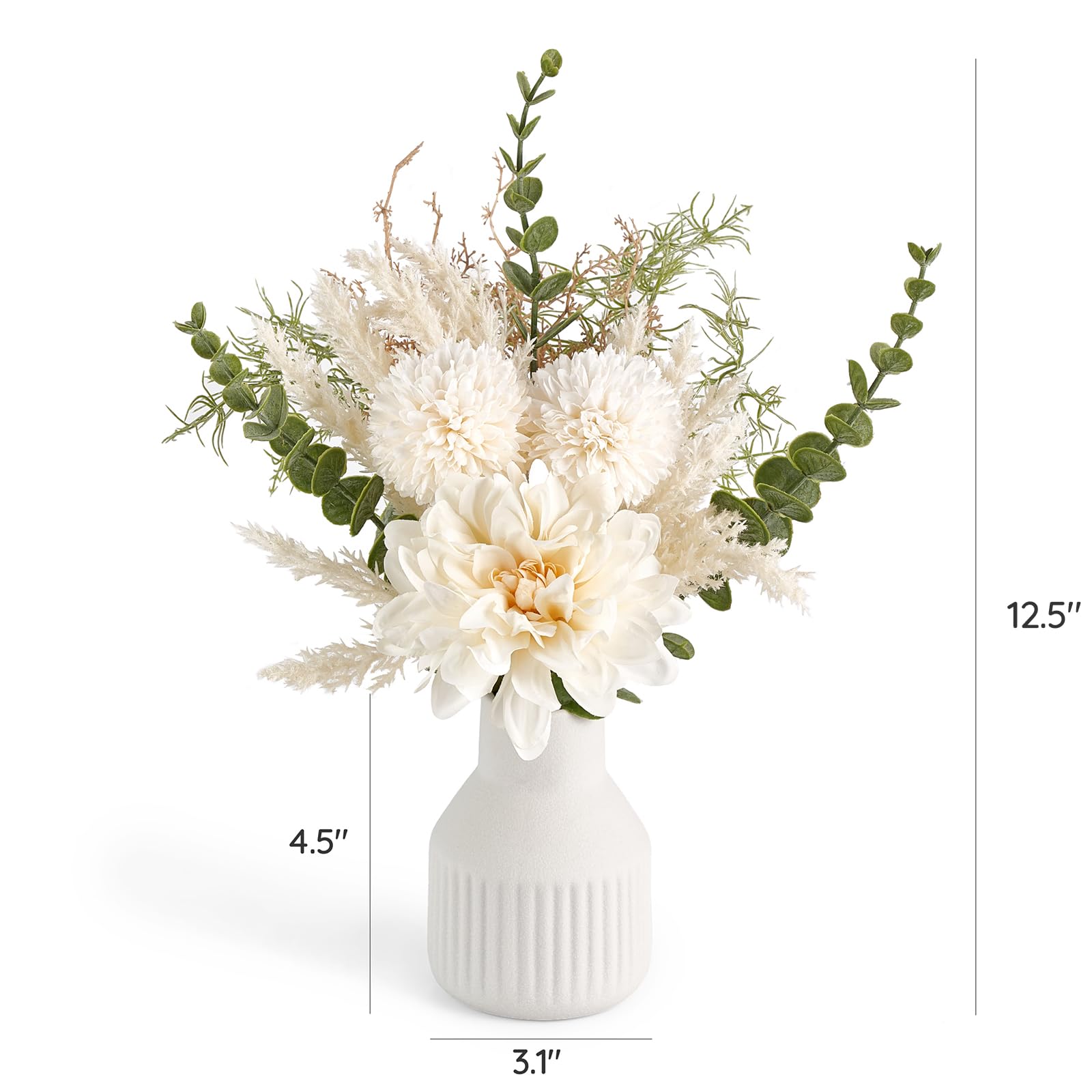 Mkono Small Artificial Flowers in Ceramic Vase 13.5" Centerpieces Coffee Table Decor, Silk Flower Arrangements for Home Decor Indoor Fake Flower Bouquet for Dining Room Kitchen Wedding, White