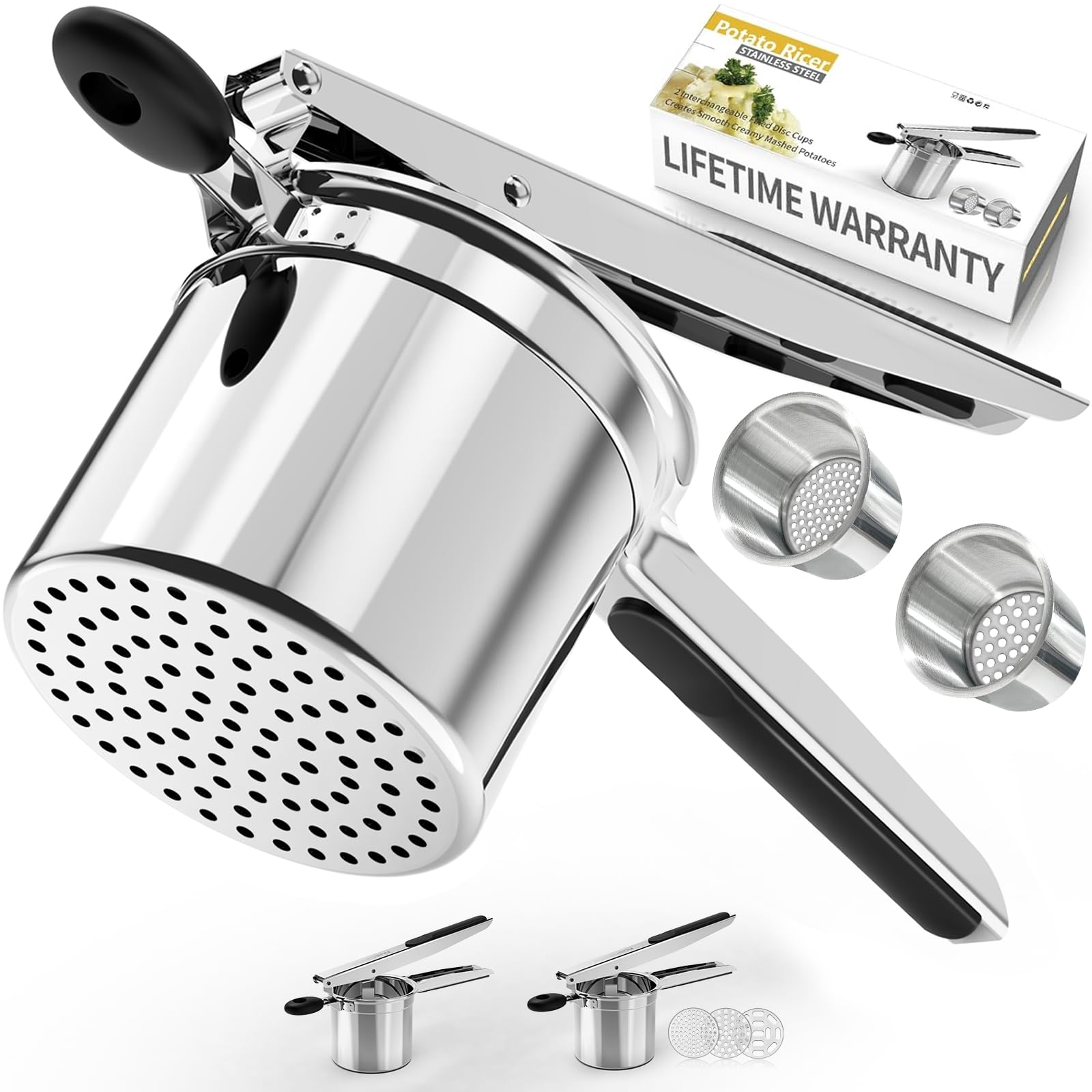 Potato Ricer,Ricer,Large 15oz Heavy Duty Stainless Steel Potato Masher with 2 Interchangeable Cup,Press and Mash Kitchen Tool for Mashed Potatoes,Creates Smooth Creamy Mashed Potato