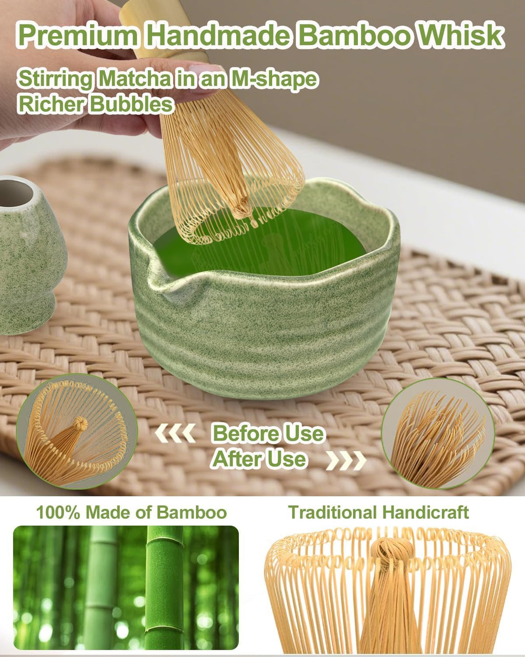 Matcha Set Matcha Tea Set 7 Pcs - Bamboo Matcha Whisk, Matcha Bowl with Spout, Matcha Whisk Holder, Sieve, Spoon and Holder, Japanese Matcha Accessories for Matcha Lover - Classic Green