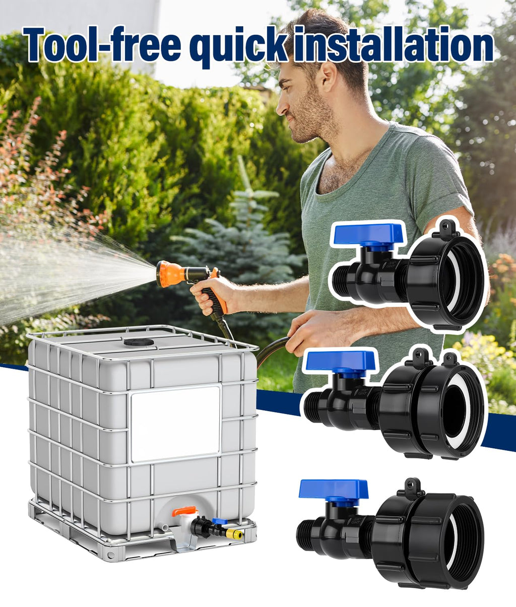 WADEO 330 275 Gallon IBC Tote Fittings, 3 Sizes IBC Tote Hose Adapter, 2.44" Fine, 2" Fine and 2" Coarse Thread, 3/4" Garden Hose Quick Connector