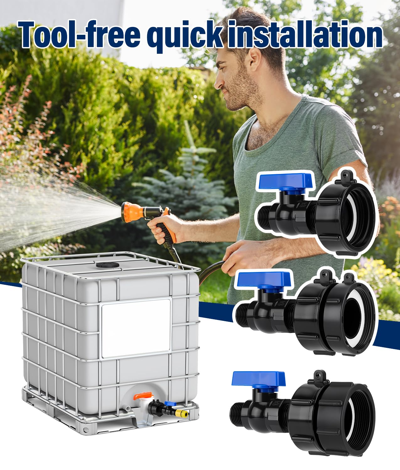 WADEO 330 275 Gallon IBC Tote Fittings, 3 Sizes IBC Tote Hose Adapter, 2.44" Fine, 2" Fine and 2" Coarse Thread, 3/4" Garden Hose Quick Connector
