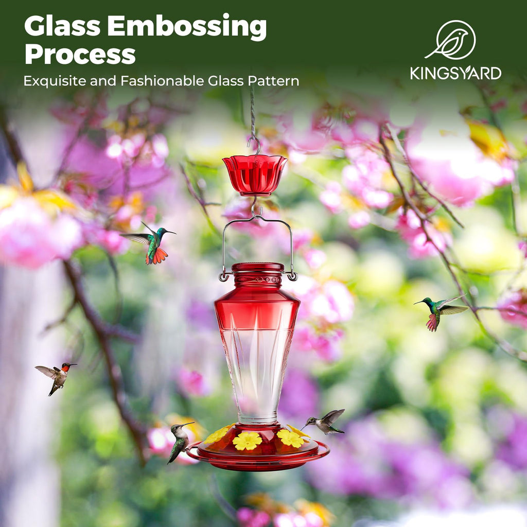 Kingsyard Glass Hummingbird Feeders for Outdoors Hanging Ant & Bee Proof, 16 Ounces Bird Nectar Feeder 6 Flower Feeding Ports, Leak Proof, Easy to Refill & Clean, Ant Moat Included, Red