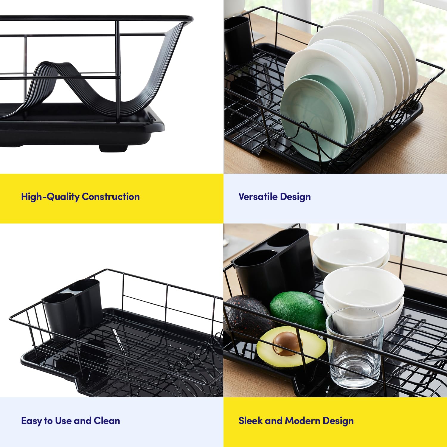 Sweet Home Collection Space-Saving 3-Piece Dish Drainer Rack Set: Efficient Kitchen Organizer for Quick Drying and Storage - Includes Cutlery Holder and Drainboard - Maximize Countertop Space, Black