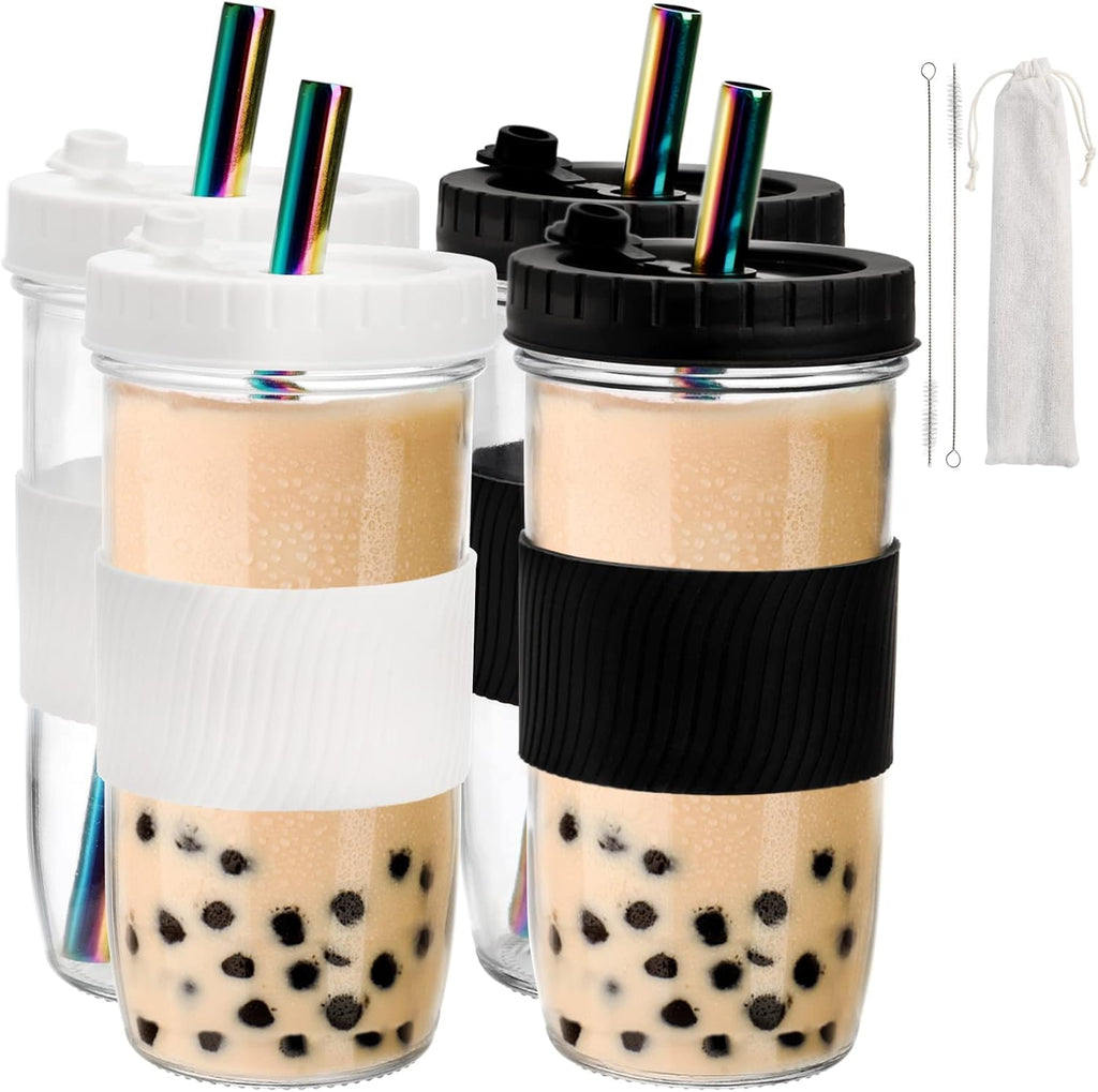 YOUEON 4 Pack 24 Oz Reusable Boba Cups with Lids and Straw, Iced Coffee Cups Glass Smoothie Cups, Mason Jar Cups with Sleeve, BPA Free, Dishwasher Safe, 2 Colors