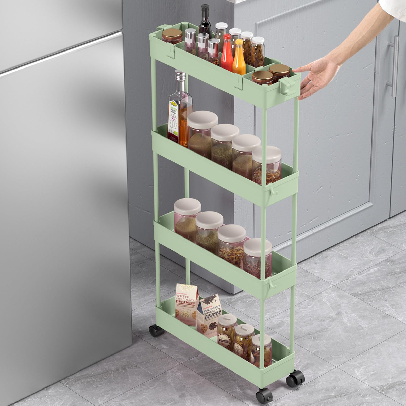 SPACELEAD Slim Storage Cart 4 Tier, Storage Organizer Rolling Utility/Mobile Shelving Unit Slide Out Storage Cart for Office, Bathroom, Kitchen, Laundry Room & Narrow Places， Green