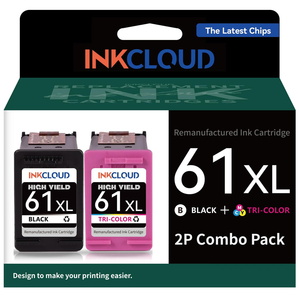 INKCLOUD 61XL XXL Ink Combo Pack Compatible with HP 61 Ink Cartridges for HP Envy 4500 4502 5530 5534 Deskjet 3050A 1000 1010 1512 3054 Officejet 1051 4630 4635 Printer (1 Black 1 Tri-Color)