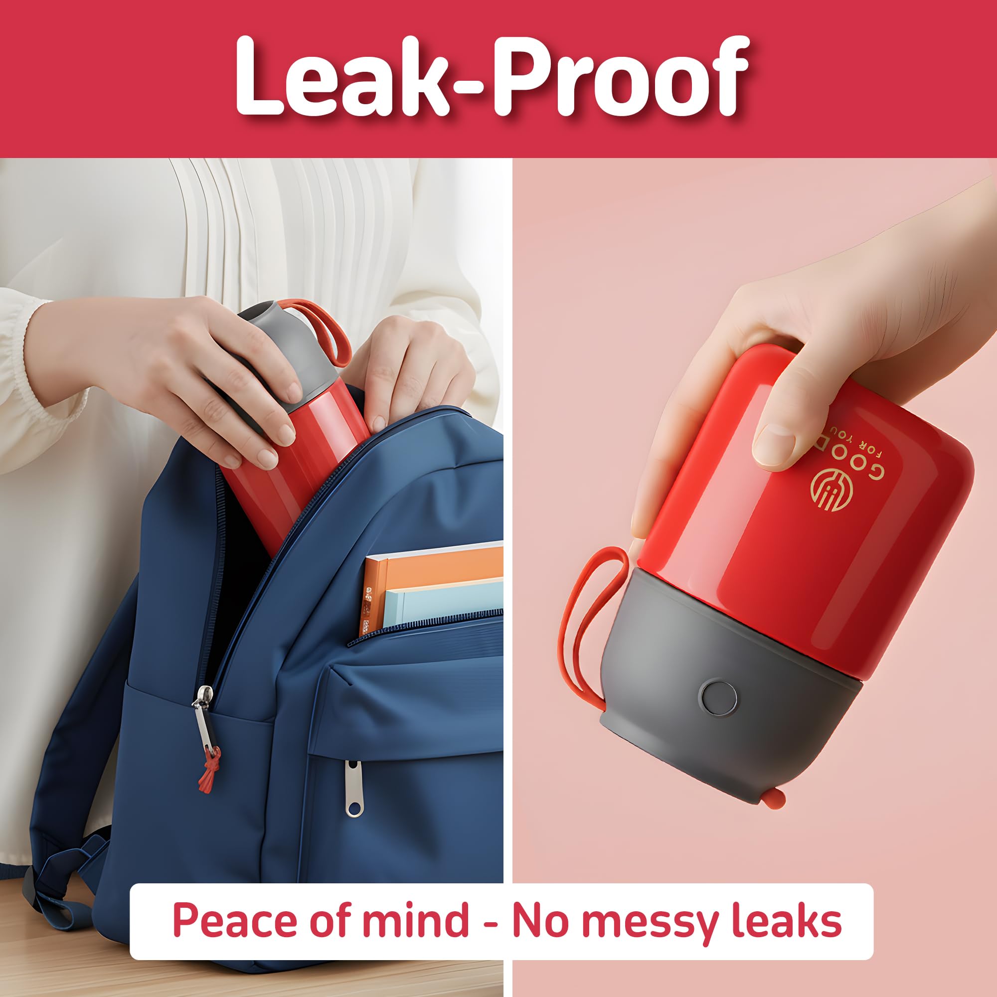 Insulated Food Flask - 530ml Stainless Steel Jar for Hot and Cold Meals – Double-Wall Insulation, Thermal Food Container for School, Office, Travel, Camping - Foldable Spoon, Bag - Red - 24.7 oz