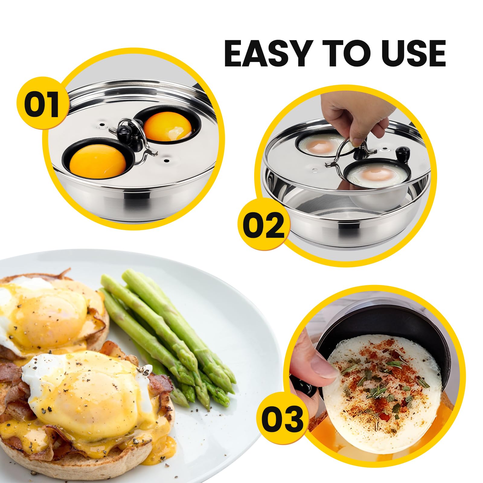 MARSKITOP Egg Poacher, Nonstick Poached Eggs Cooker, Stainless Steel Egg Poaching Pan Food Grade Safe PFOA Free
