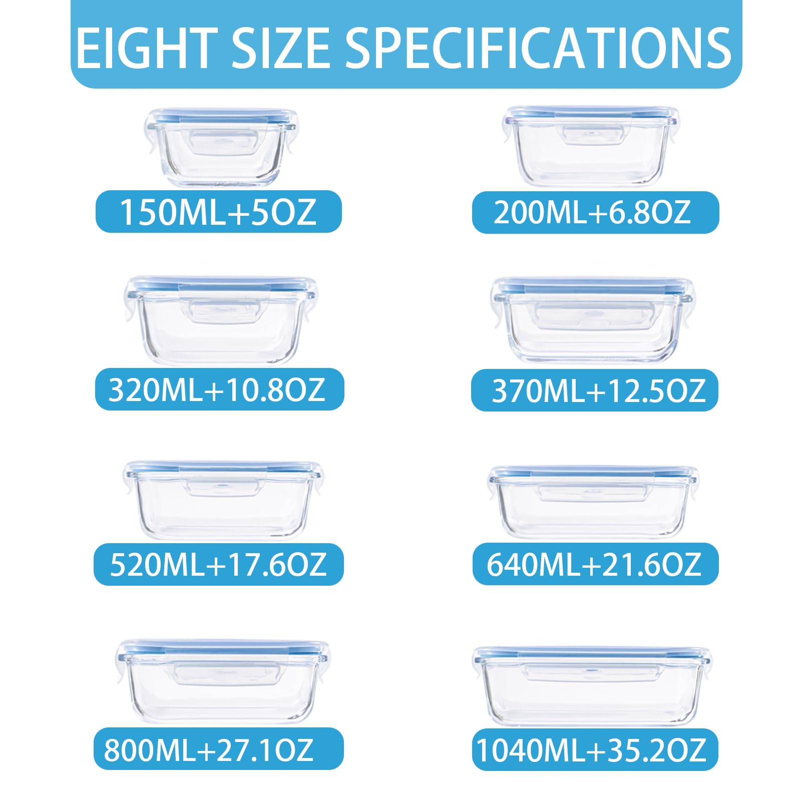 Asnews 8 Pack Glass Meal Prep Containers with Lids, Glass Food Storage Containers with Snap Locking Lids, Airtight Lunch Containers for Microwave, Oven, Freezer and Dishwasher BPA Free (Blue)