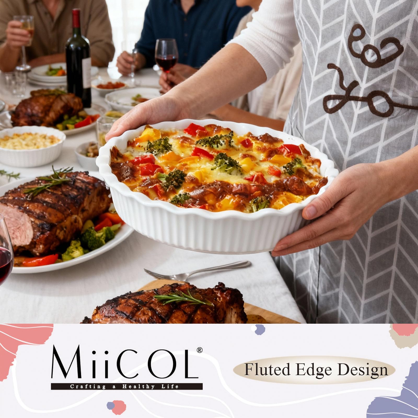 Miicol White Ceramic Pie Pan, 50 oz / 1500 ml Ripple Edge Deep Baking Dish, 9 Inch / 22 cm Round Ceramic Pie Plate, Suitable for Quiche, Apple Pie, Meat Pie, Ideal Gift for Baking Lovers