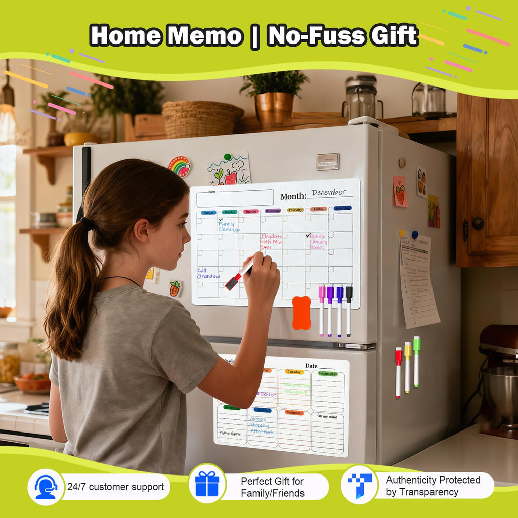 Dry Erase Magnetic Calendar Refrigerator - 2PCS Set A3 A4 Size Planner, No Ghosting, Strong Magnet, Easy Clean, Whiteboard Calendar with Eraser Cloth, Planner for Office Home Refrigerator Iron Door