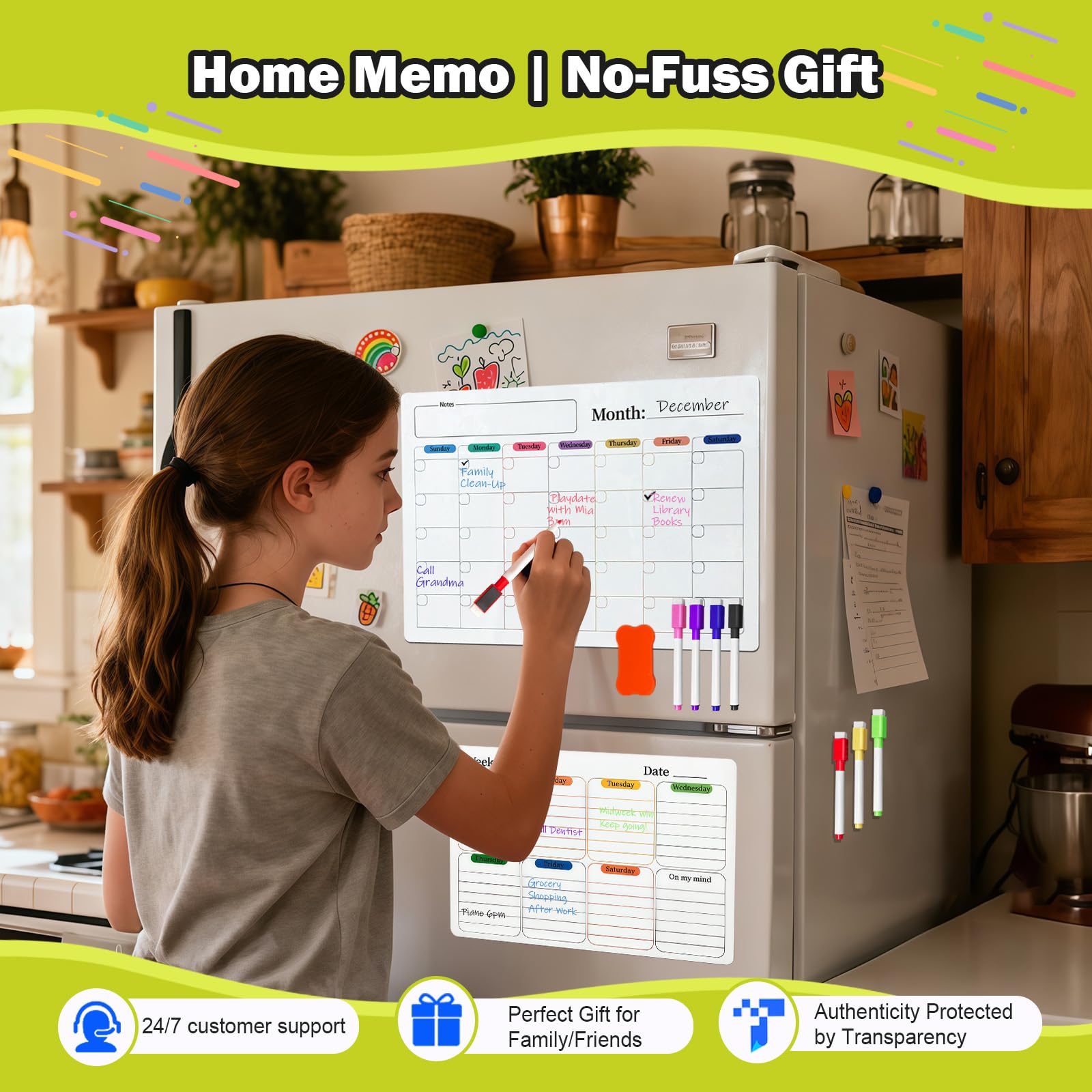 Dry Erase Magnetic Calendar Refrigerator - 2PCS Set A3 A4 Size Planner, No Ghosting, Strong Magnet, Easy Clean, Whiteboard Calendar with Eraser Cloth, Planner for Office Home Refrigerator Iron Door