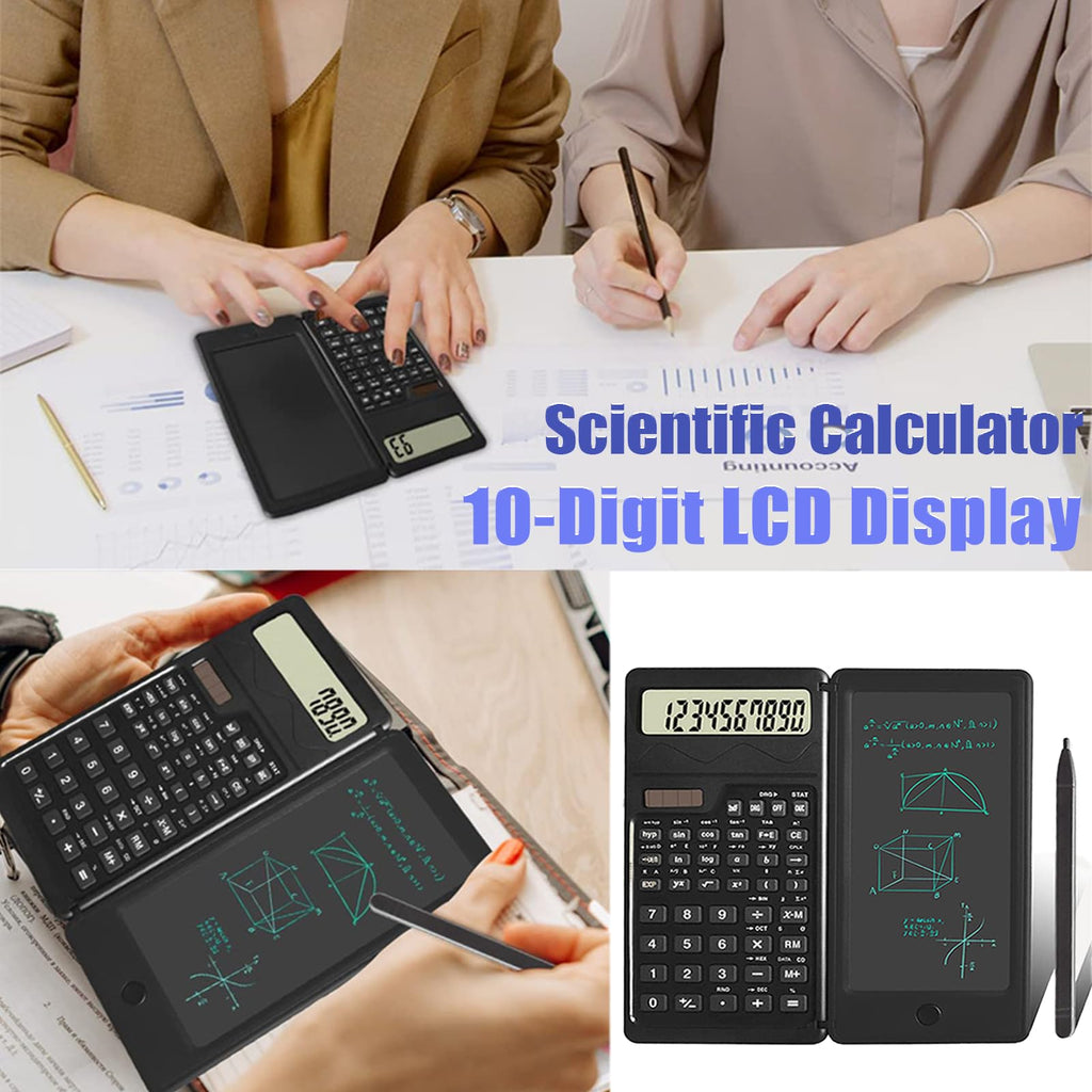 Scientific Calculator, Smart Folding Portable Scientific Function Calculator, 10-Digit LCD Solar Rechargeable Calculator with Erasable Writing Board, Versatile Silent Learning for Office and School