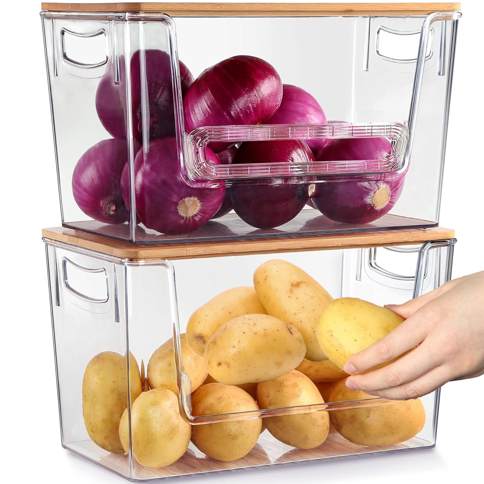 Pantry Organizers Storage Heavy-duty Ultrathick, THASOK 2 Set Kitchen Cupboard Organizers Upgraded Fence design, Stackable Baskets Storage with Bamboo Top for Onion,Potato,Fruits,Produce,Vegetable