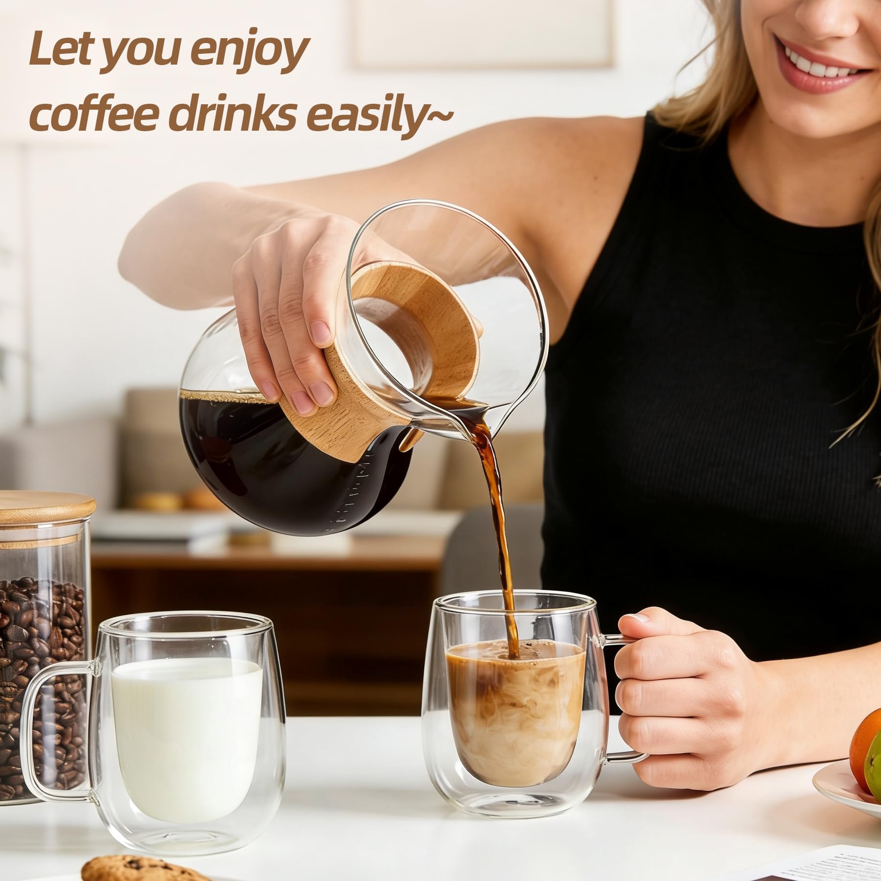 Yopinmall 12OZ Glass Coffee Mug Set of 4 - Double Walled Mugs with Large Handle Iced/Hot Insulated Glasses Cup for Espresso Latte Cappuccino Americano Tea Dishwas Dishwasher Safe