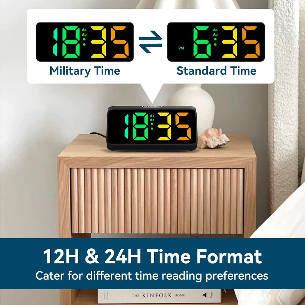 Netzu Digital Alarm Clock, RGB Loud Alarm Clocks for Bedrooms Heavy Sleepers Seniors Kids, Plug in Digital Clock with 5 Dimmers, 2 Alarms, 4 Volumes and Snooze (Black)