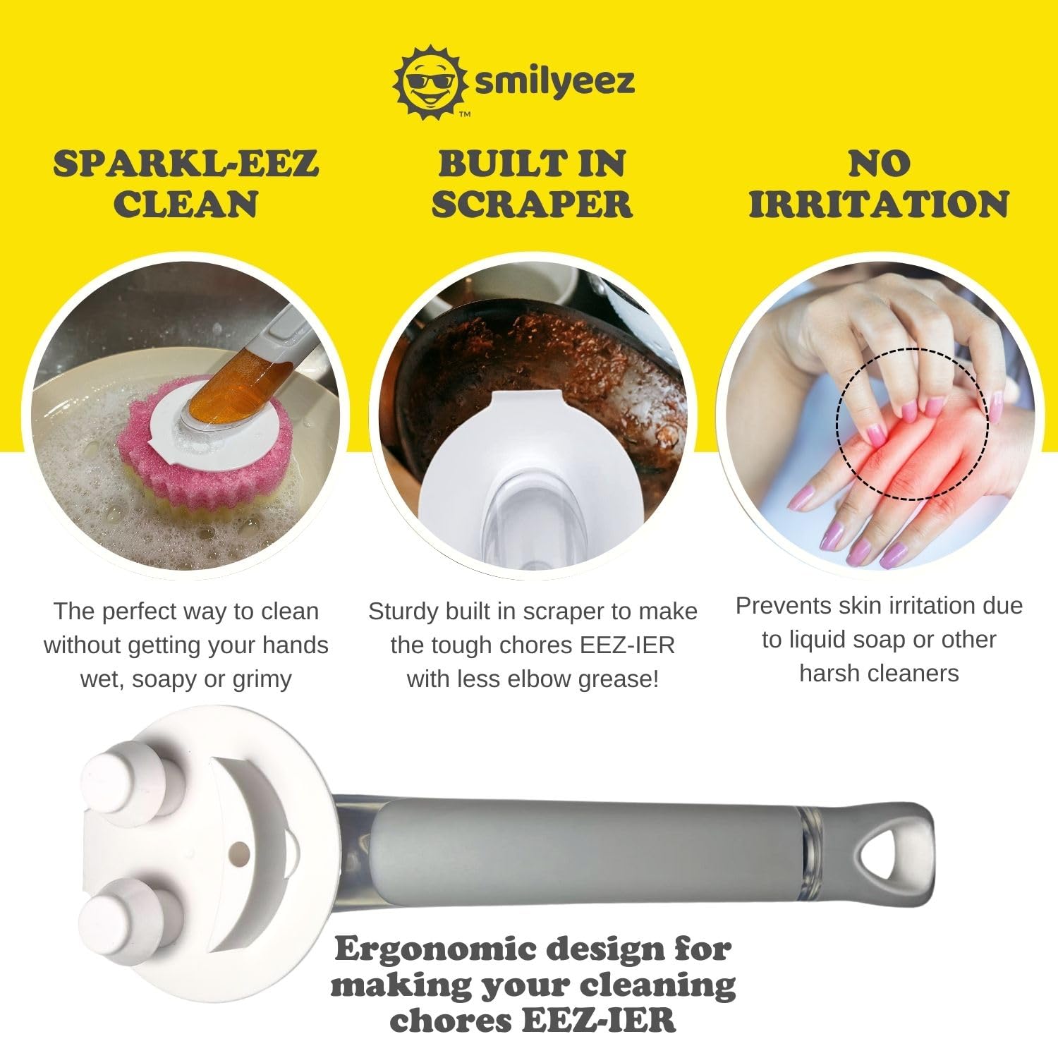 The Original Smiling Sponge Handle Soap Dispensing Handle by Smilyeez - Dishwand for Scrub Daddy Sponge (White)