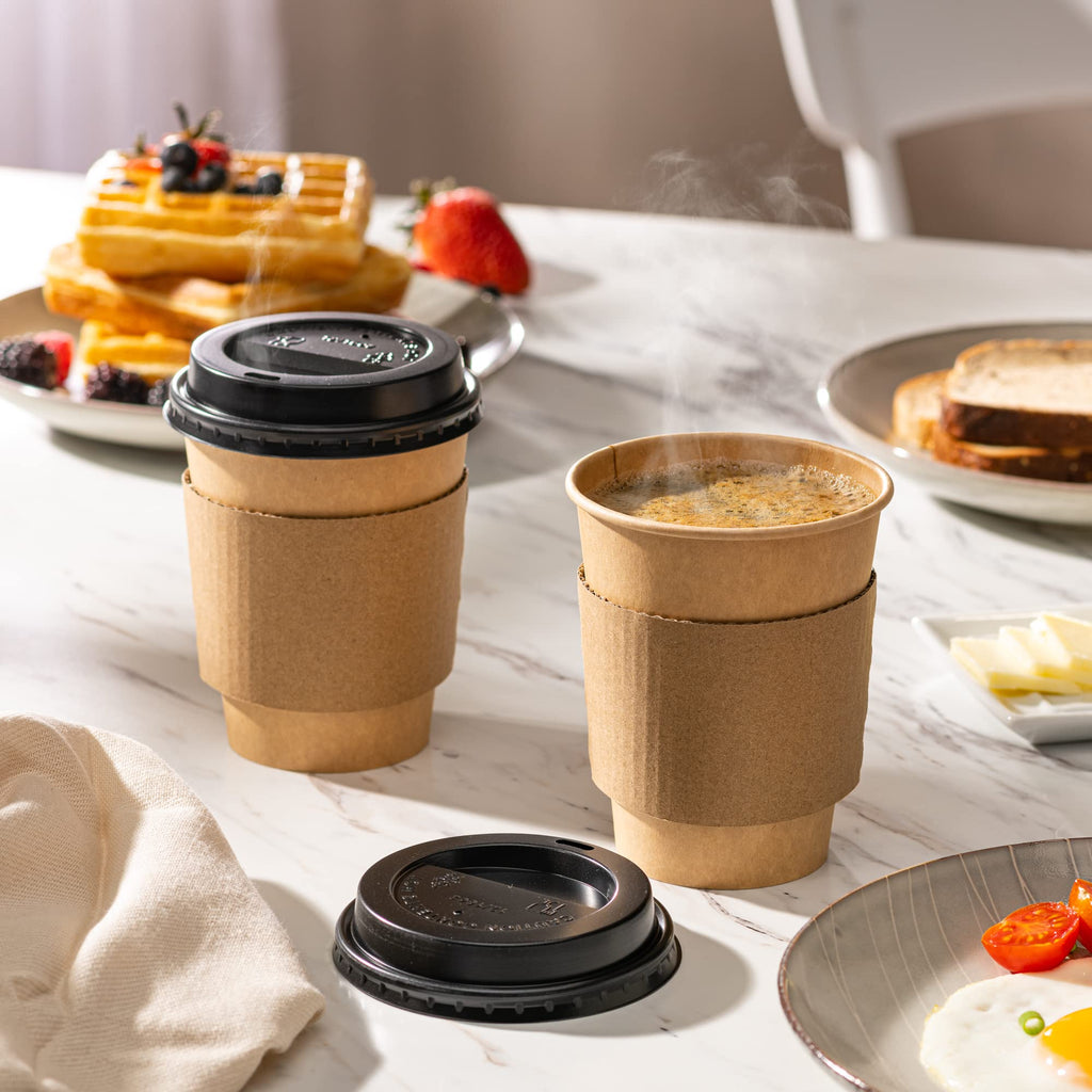 GUSTO [12 oz. - 50 Sets] Disposable Kraft Coffee Cups with Black Lids, Sleeves - to Go Paper Hot Cups (Formerly Comfy Package)