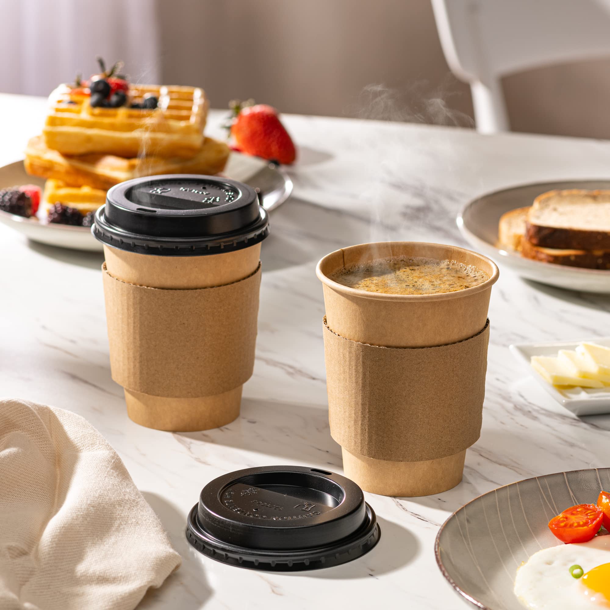 GUSTO [12 oz. - 50 Sets] Disposable Kraft Coffee Cups with Black Lids, Sleeves - to Go Paper Hot Cups (Formerly Comfy Package)