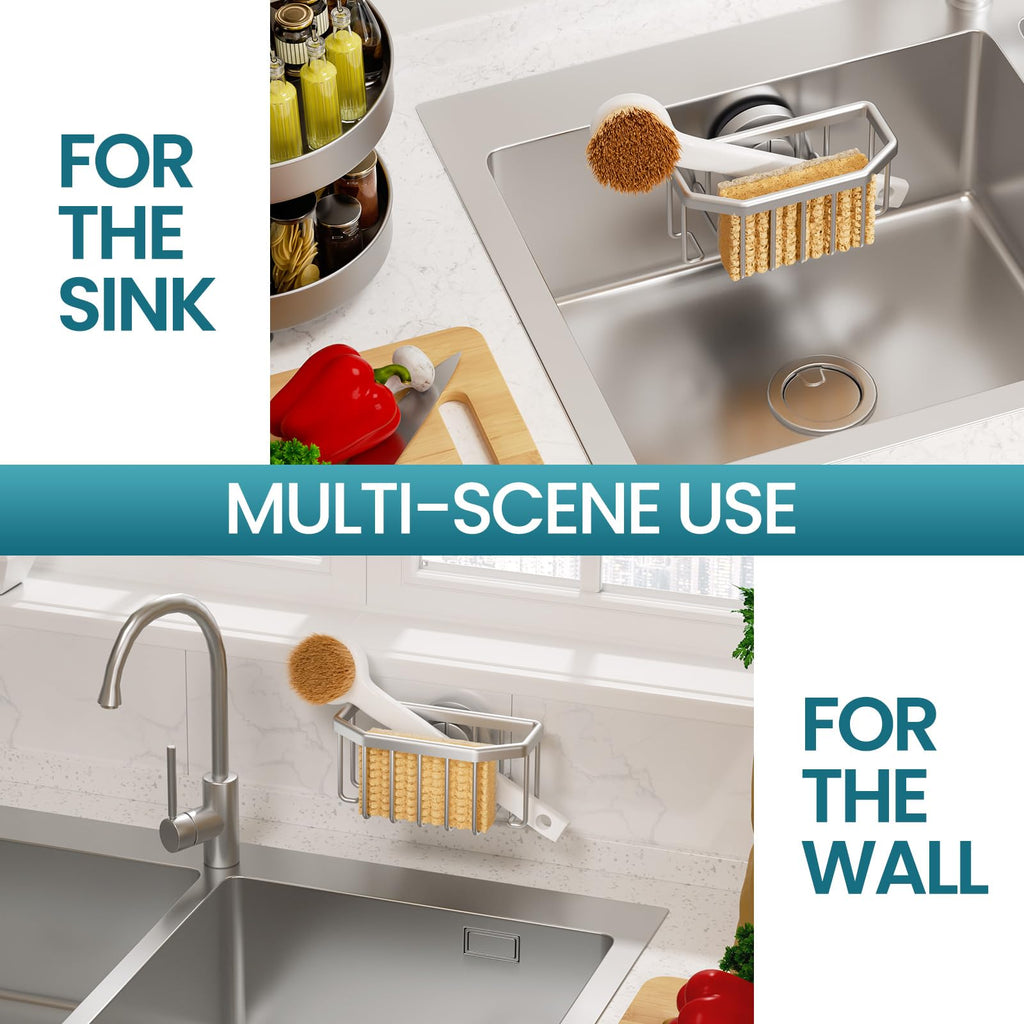 TAILI Sponge Holder with Strong Suction Cup, Dish Sponge Caddy Inside Sink Removable, Rustproof Aluminum for Brushes, Stoppers and Scrapers - Silver