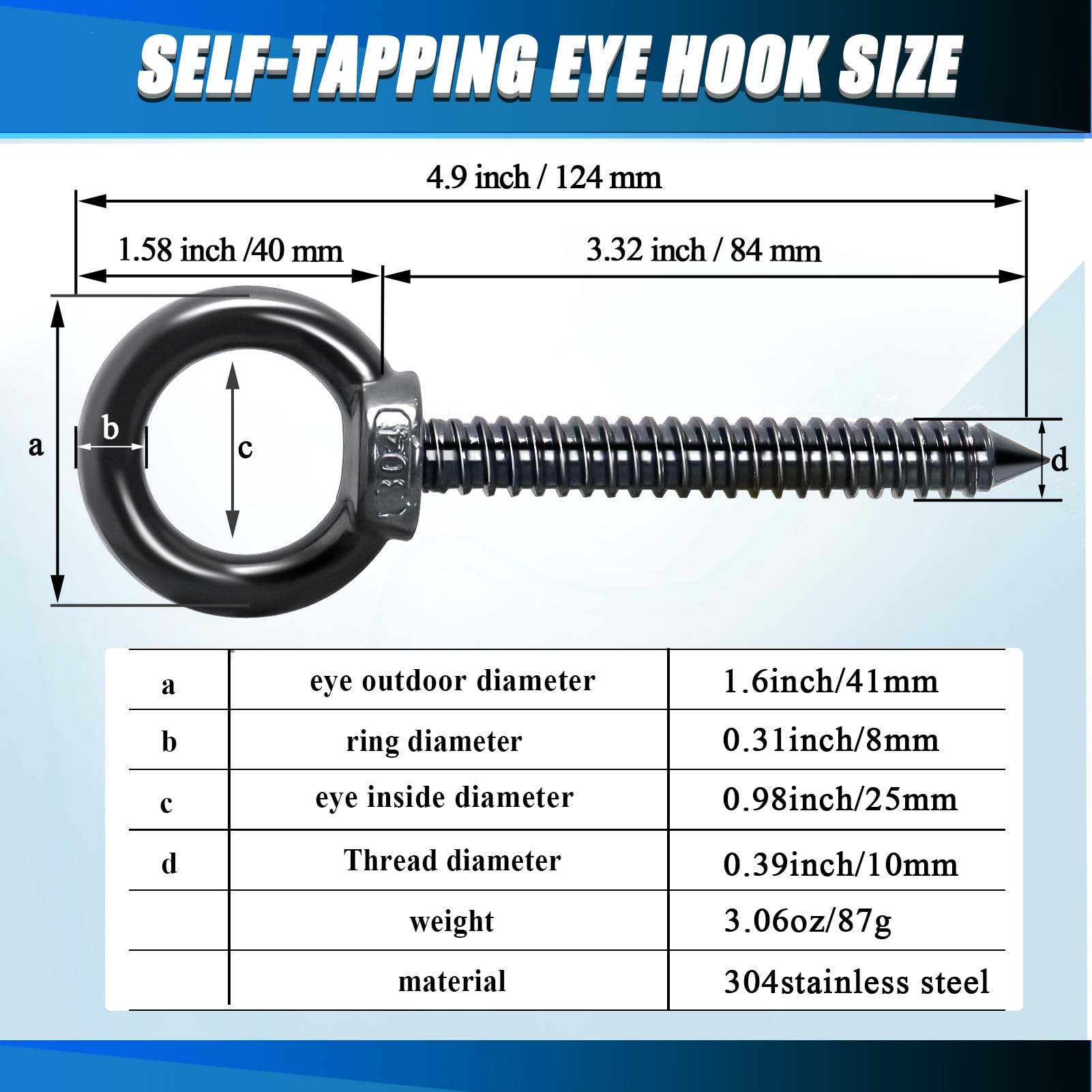 OHIYO 5 Inch Heavy Duty Eye Hooks M10 Eyelet Screw Load Capacity 600LBS Heavy Duty Screw in Eye Hooks for Hammock Stand, Swing Chair, Yoga, Heavy Indoor & Outdoor Uses (Black)