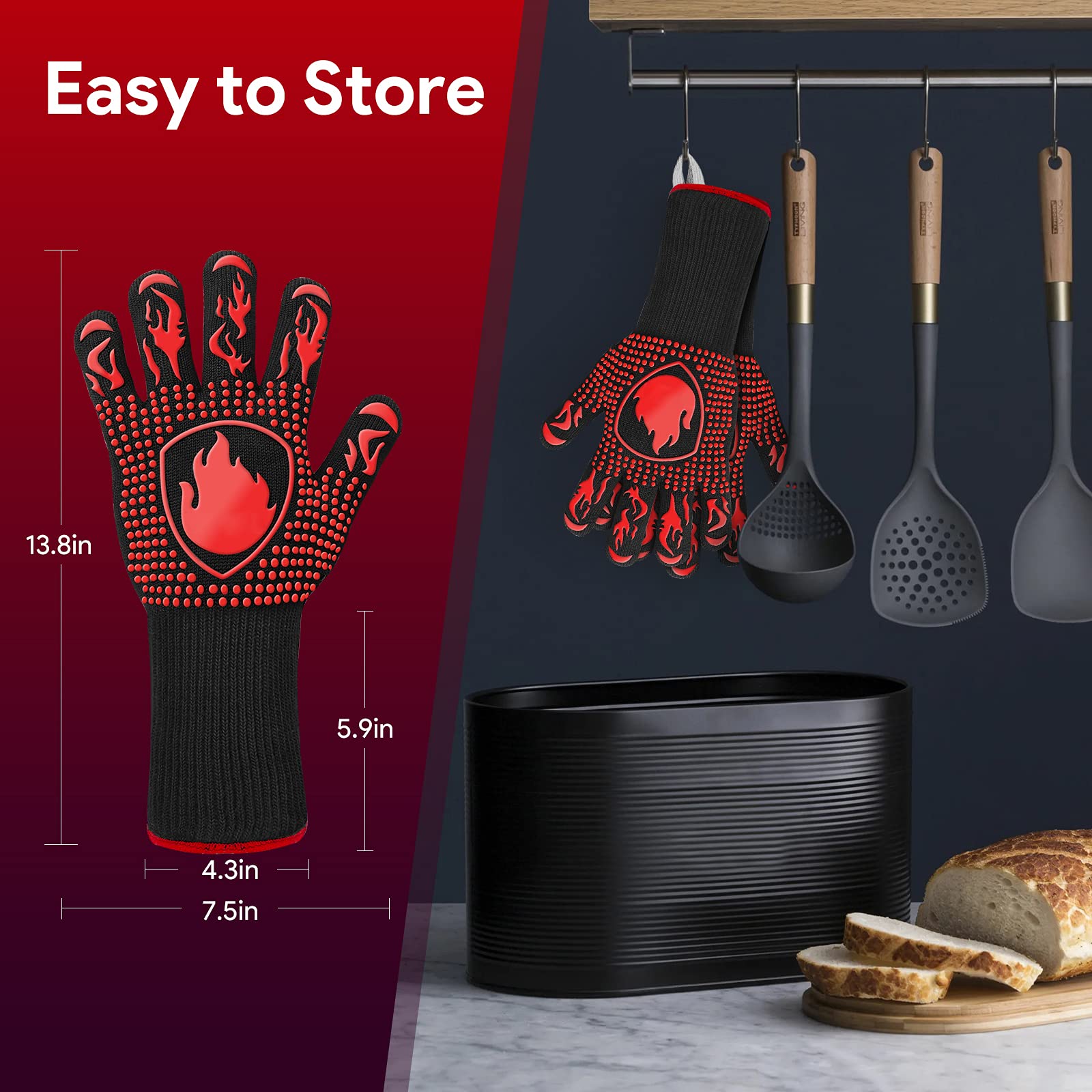 BBQ Gloves, Heat Resistant Oven Mitts Grilling Gloves - 1472℉ Extreme Heat Resistant, Oven Gloves Silicone - Cooking Gloves for Grilling, BBQ, Baking, Welding (A Pair)
