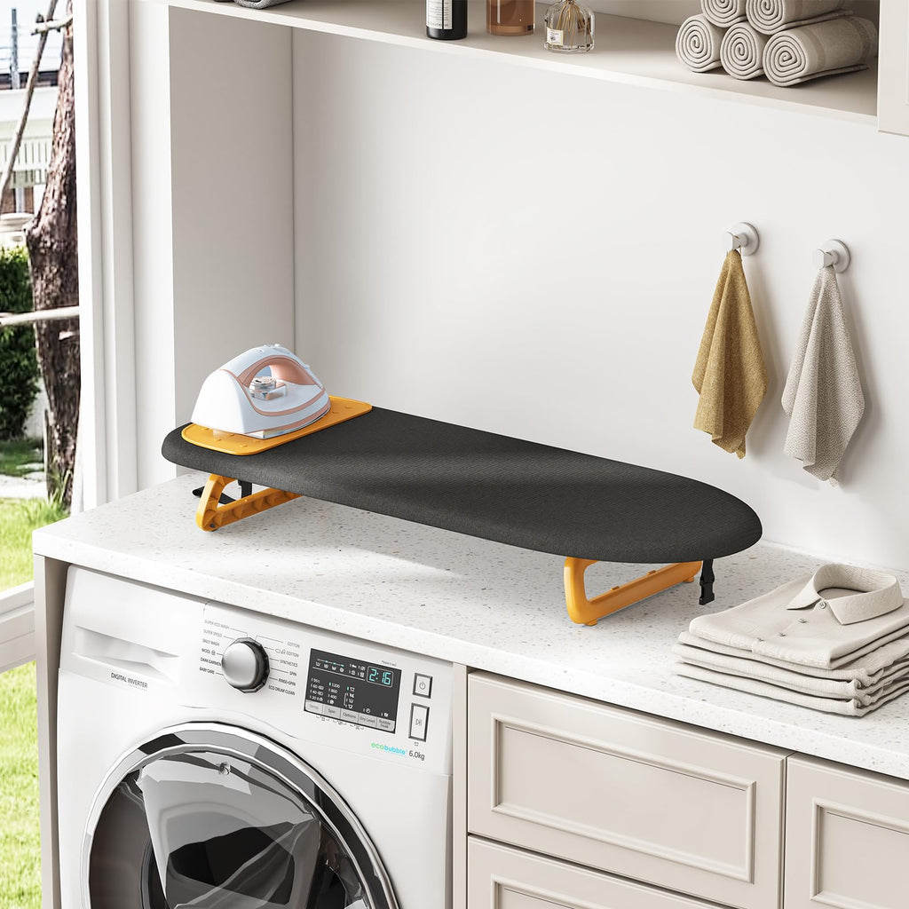 APEXCHASER Ironing Board Foldable with Orange Silicon Iron Mat, Tabletop Small Iron Board with Heat Resistant Cover, Portable Ironing Board with Non-Slip Feet for Home Travel Use 12x32 Black