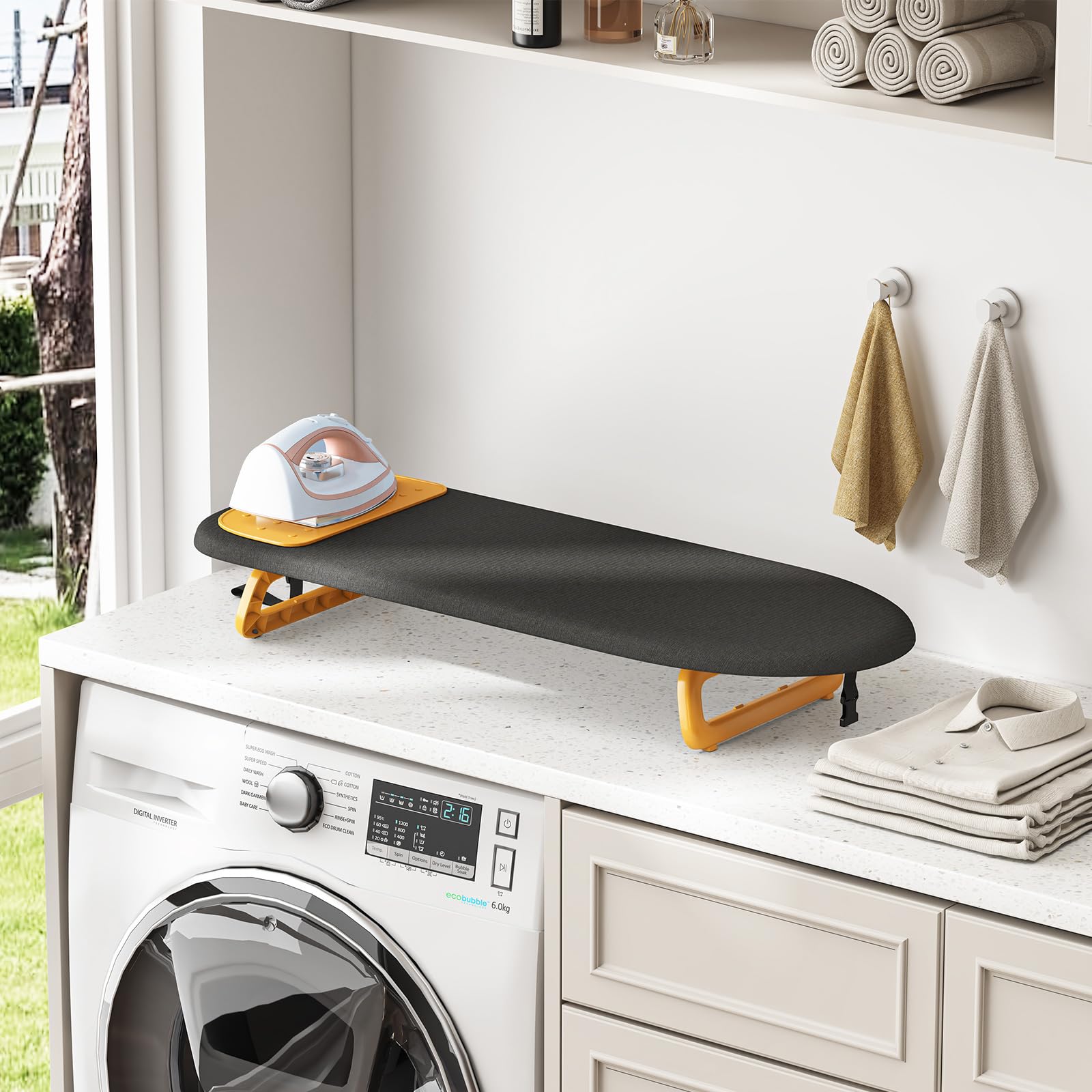 APEXCHASER Ironing Board Foldable with Orange Silicon Iron Mat, Tabletop Small Iron Board with Heat Resistant Cover, Portable Ironing Board with Non-Slip Feet for Home Travel Use 12x32 Black