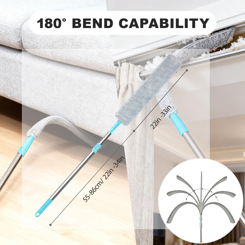 Dusters for Cleaning with 3 Microfiber Cloths – Extendable Bendable Flat Duster for Dust Removal – Washable Cleaning Tool for Shelves, Fans & Hard-to-Reach Areas
