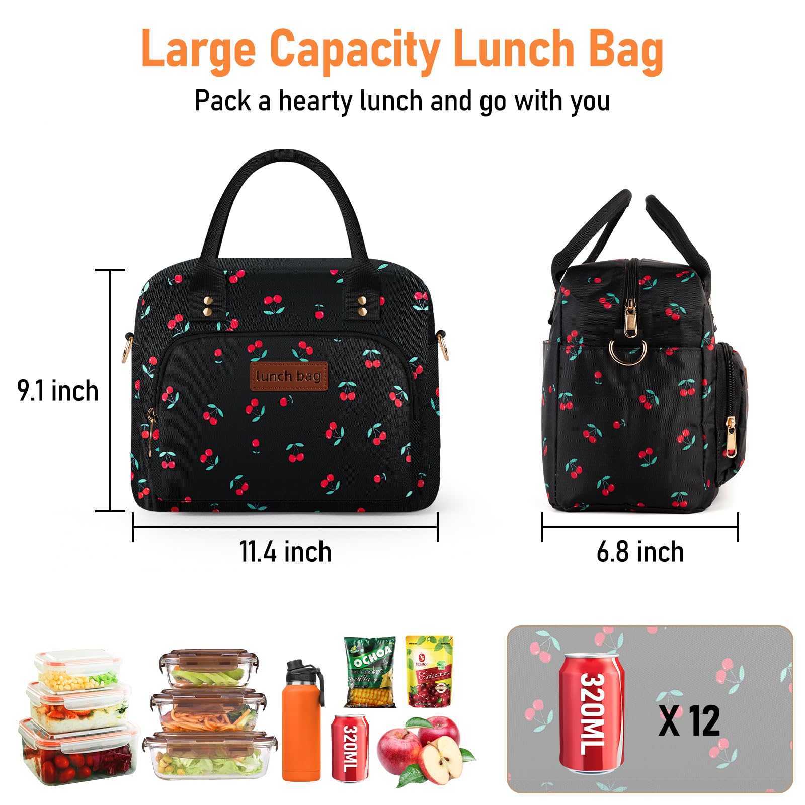 Lunch Bag Large Insulated Lunch Box for Women Men Adult Cute Lunchbox Cooler Bag Reusable Lunch Pail with Adjustable Shoulder Strap for Work Picnic Office Travel 11.4×6.8×9.1 inches 11.5L
