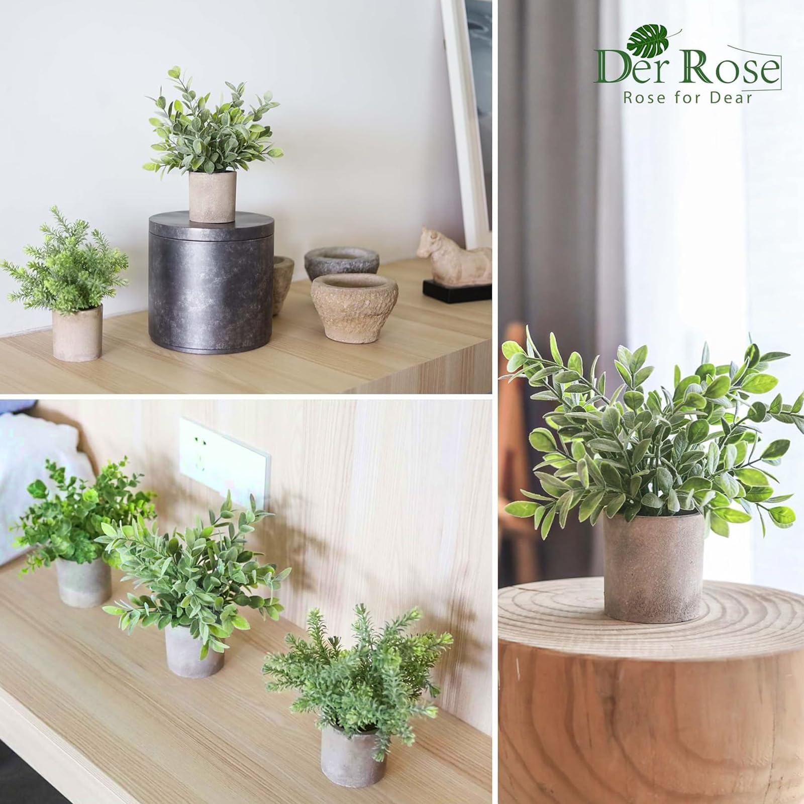 Der Rose 3 Pack Mini Potted Fake Plants Artificial Plastic Eucalyptus Plants for Home Office Desk Farmhouse Room Decor Indoor