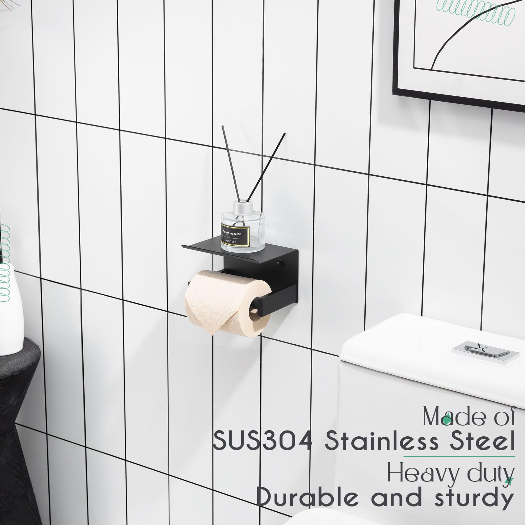 KOKOSIRI Roll Paper Holder Spring Loaded Tissue Paper Holder Bathroom Toilet Roll Holder with Shelf Wall Mounted Stainless Steel Matte Black B2012BK