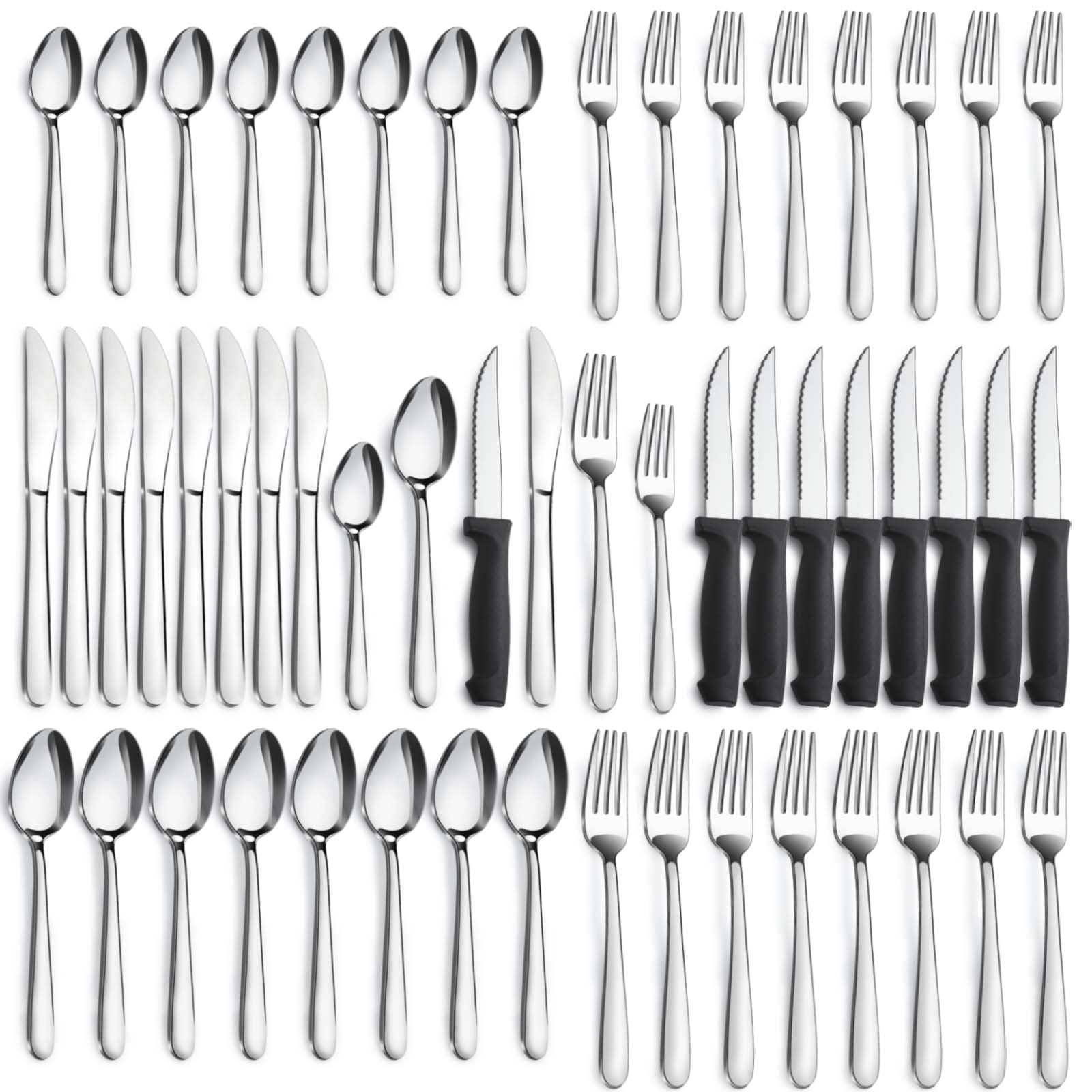 Pleafind 48-Pcs Silverware Set for 8, Flatware Set with Steak Knives, Stainless Steel Cutlery Set, Include Forks Spoons and Knives Set, Dishwasher Safe Utensil Sets for Home Restaurant