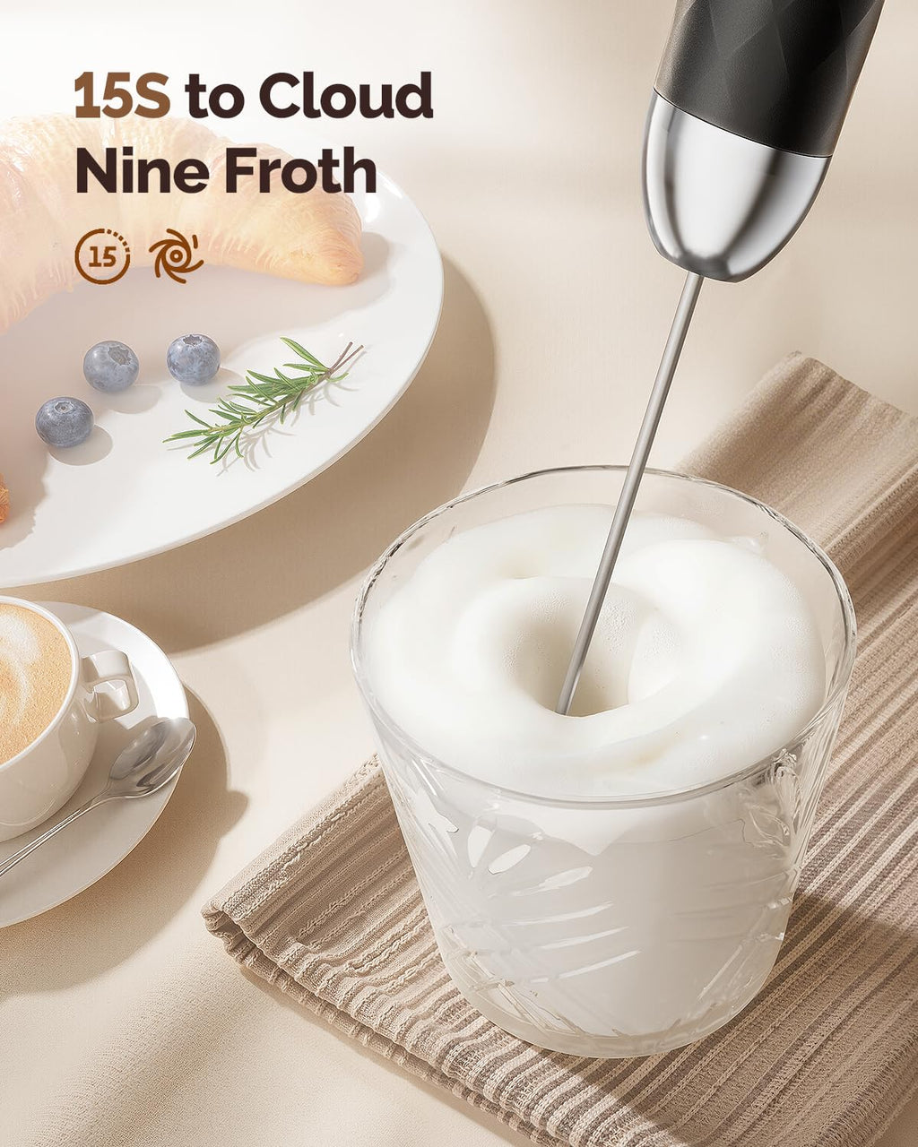 Maestri House Milk Frother with Stepless Speed Control, Handheld Coffee Frother with Detachable Whisks and Stainless Steel Stand, Drink Mixer for Matcha, Latte, Cappuccino, LunaFro 2.0