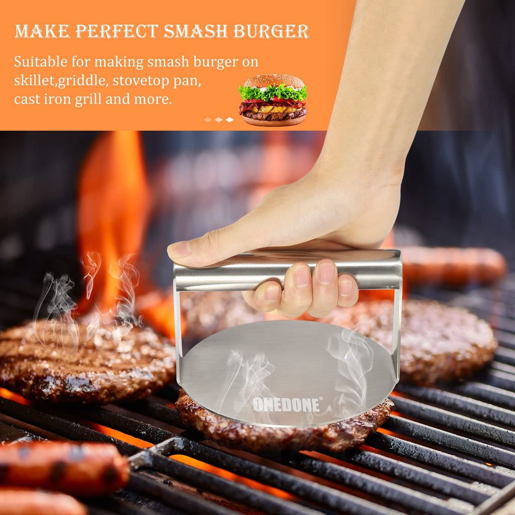 ONEDONE Burger Press Stainless Steel Smash Burger Press 5.5 inch for Griddle w/Seasoning Shaker & 100 Patty Paper, Burger Iron Grill Press Griddle Accessories Kit Griddle Cooking