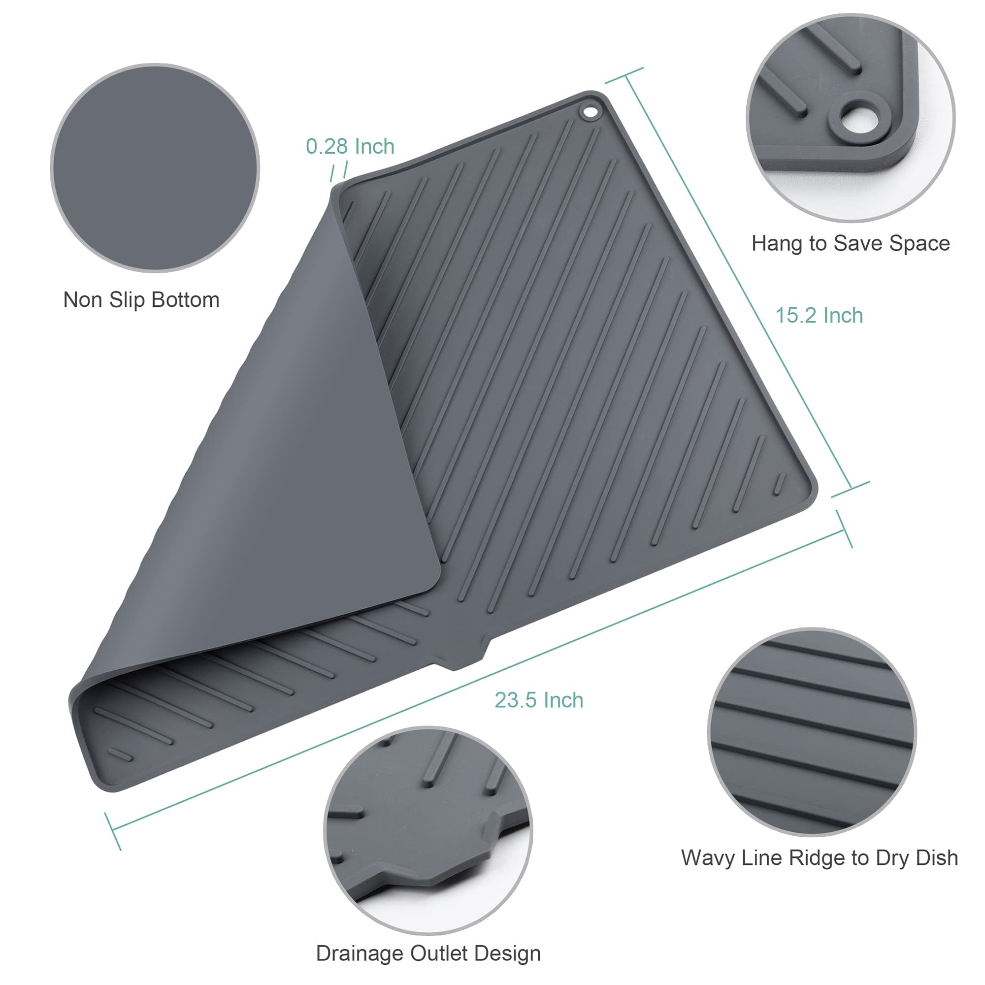IYYI Dish Drying Mat, Silicone Dish Drying Mat for Kitchen Counter, Extra Thick & Large Draining Mat, Non-Slip Drainboard, Heat Resistant Pot Drainer, Dishwasher Safe (24" x 16", Black)