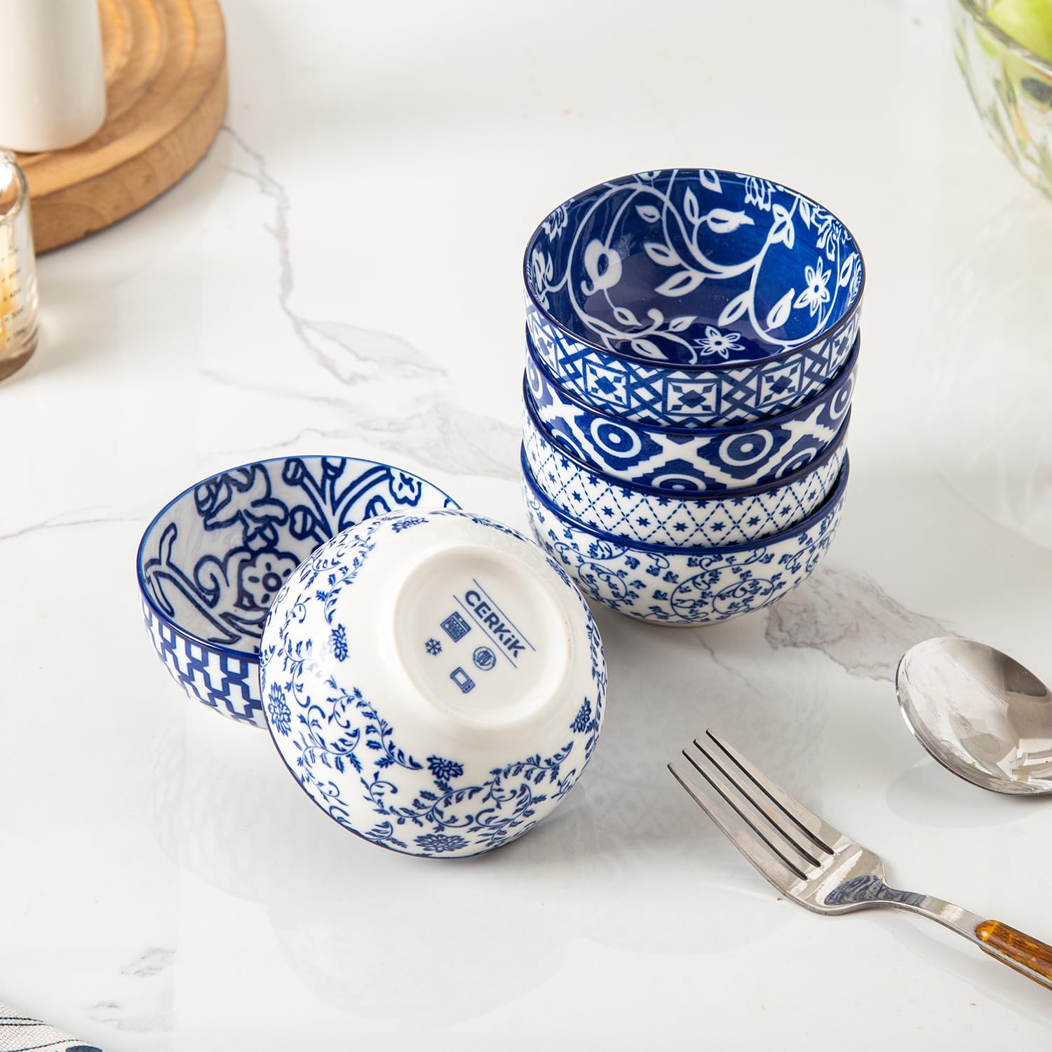 Cerkik Ceramic Dipping Bowls Set - Mini 4 Oz / 113 ml Dessert Bowls - Small 3.5 Inch / 9 cm Porcelain Bowls for Side Dishes, Snack, Appetizer - Microwave Dishwasher Safe - Set of 6 - Vintage Blue