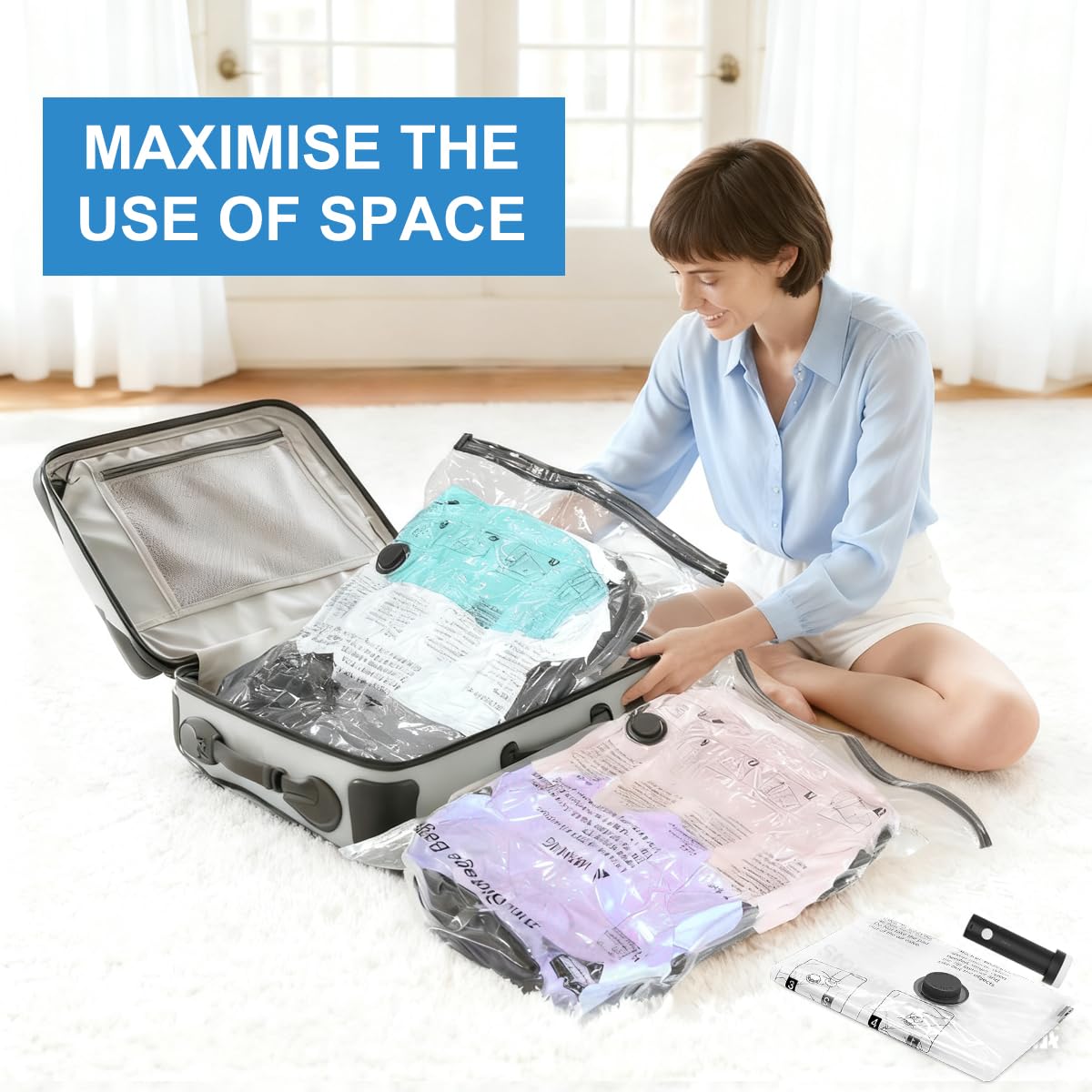 Space Saver Vacuum Storage Bag With Pump for Clothing,Travel Vacuum Seal Bag Vacuum Packing Bags for Luggage, Blankets, Bedding and Home Storage (10 Small)