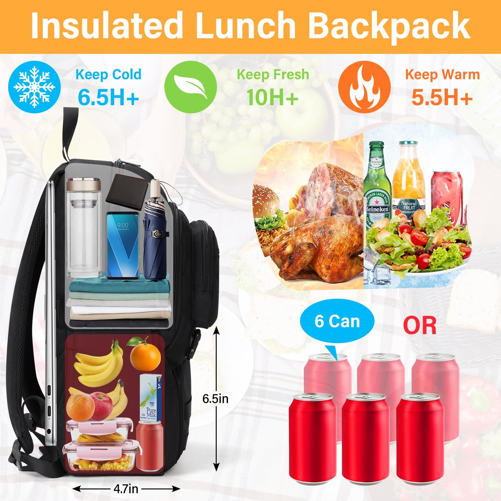 SDYSM Lunch Backpack for Men Women 15.6 Inch Laptop Backpack with USB Charging Port, Waterproof Work Backpack with Insulated Lunch Compartment Suitable for Work, Travel, College,Black