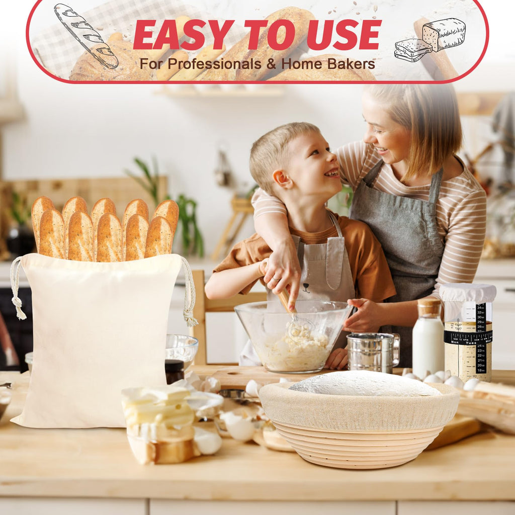 EWFEN Sourdough Starter Kit with Round & Oval Banneton, Complete Sourdough Bread Baking Supplies, Bread Proofing Basket with Starter Jar, Bread Making Tools Kit for Beginners & Bakers