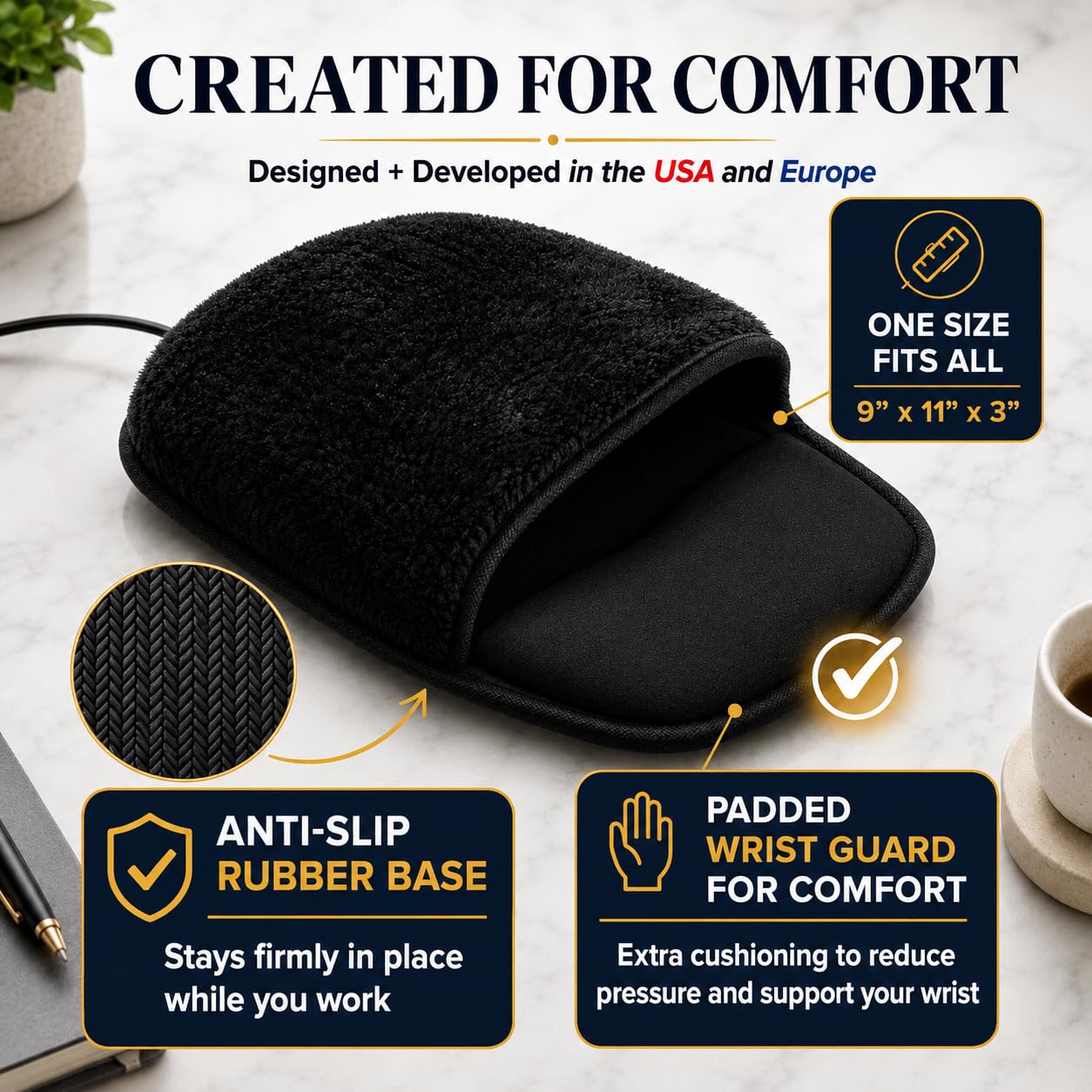 Heated Computer Mouse Pad Hand Warmer: USB Hand Warmers for Computer | Removable Heating Element | 3 Temperatures/Time Limits | Roomy, Hand-Warming Mouse Pad for Men and Women