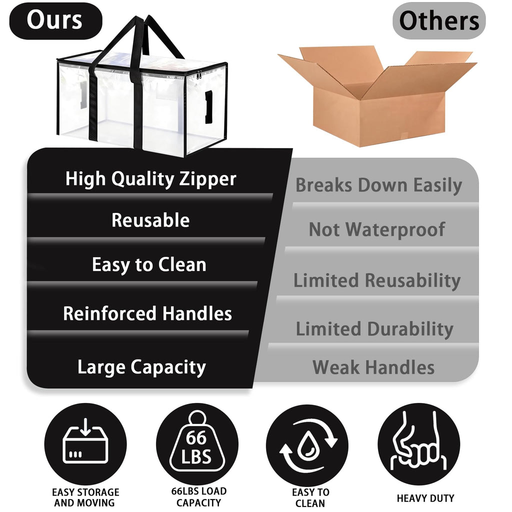 8 Pack Extra Large Heavy Duty Moving Bags,Clear Large Storage Bags with Lids,Moving Boxes with Zippers & Reinforced Handles,Transparent Packing Bags for College Dorm,Traveling,Christmas Decorations