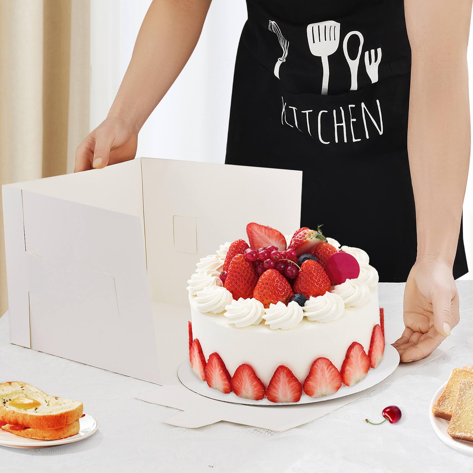 10 Pcs 12x12x10 10x10x8 Cake Boxes Set (5 Boxes & 5 Boards) with Windows Large in 2 Sizes Tall Bakery Boxes Disposable Carrier Take Out Container, Boxes in 2 Tier for Valentine's Day
