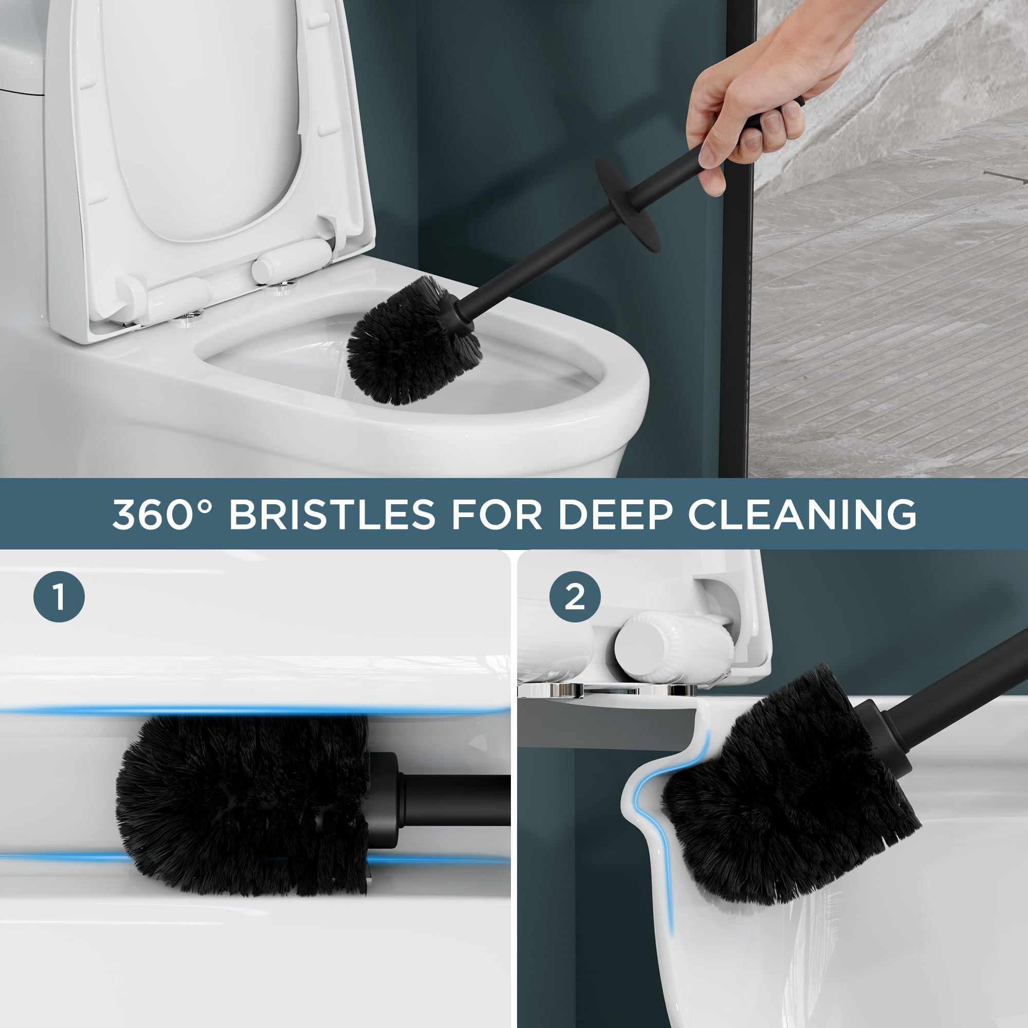 FORIOUS Toilet Brush and Holder Set, Heavy Duty 304 Stainless Steel Base, Toilet Brushes with Long Handle for Bathroom, Deep Cleaning, Drip-Proof, Space Saving, 2 Toilet Bowl Brush Head, Matte Black