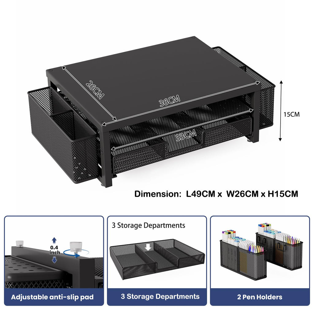 2 Tier Monitor Stand Riser with Drawer & 2 Pen Holders Storage for Desktop, Metal Computer Desk Organizer Stand for Laptop, Computer, iMac(Black)